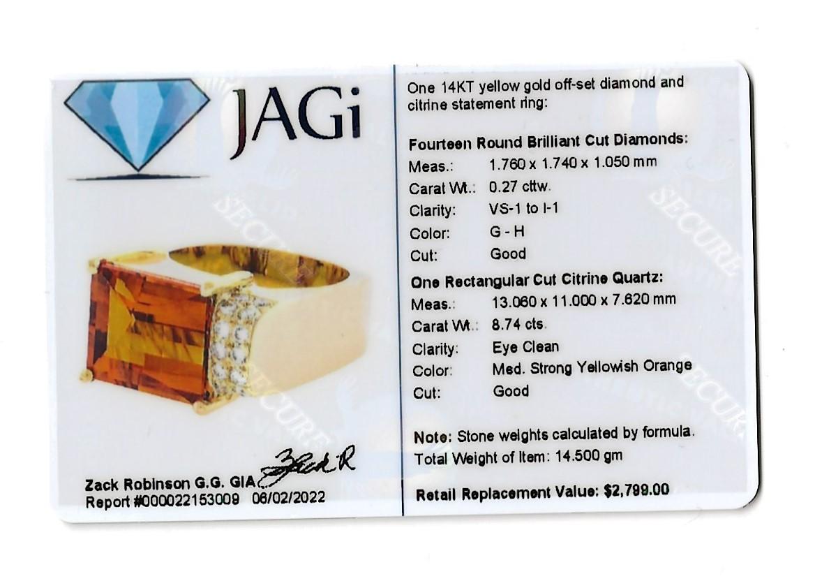 Contemporary Rectangular Cut Citrine and Off-Set Diamond Squared Band Ring For Sale 10