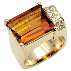 Contemporary Rectangular Cut Citrine and Off-Set Diamond Squared Band Ring