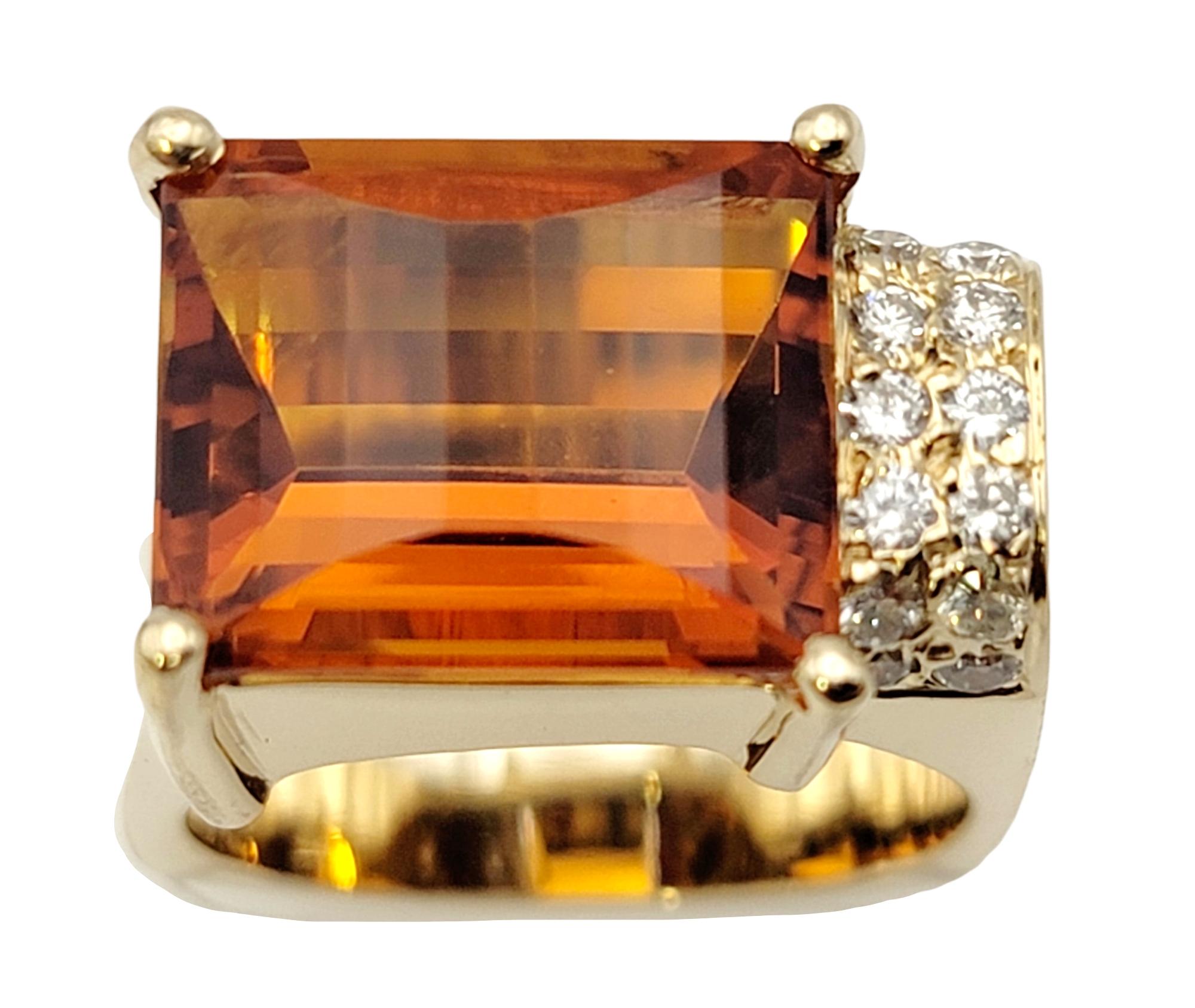 Emerald Cut Contemporary Rectangular Cut Citrine and Off-Set Diamond Squared Band Ring For Sale