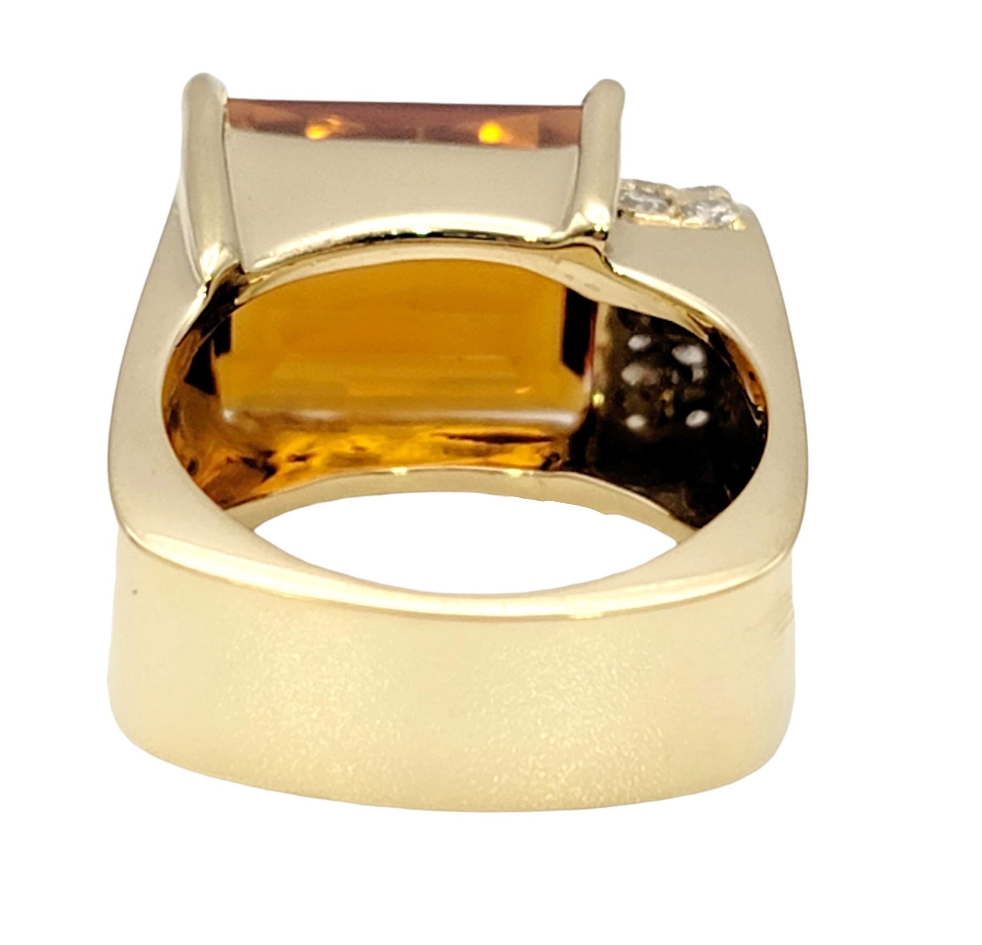 Women's Contemporary Rectangular Cut Citrine and Off-Set Diamond Squared Band Ring For Sale