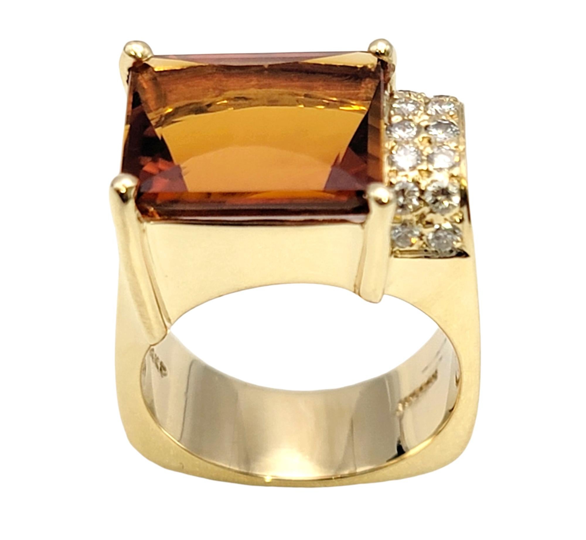 Contemporary Rectangular Cut Citrine and Off-Set Diamond Squared Band Ring For Sale 1
