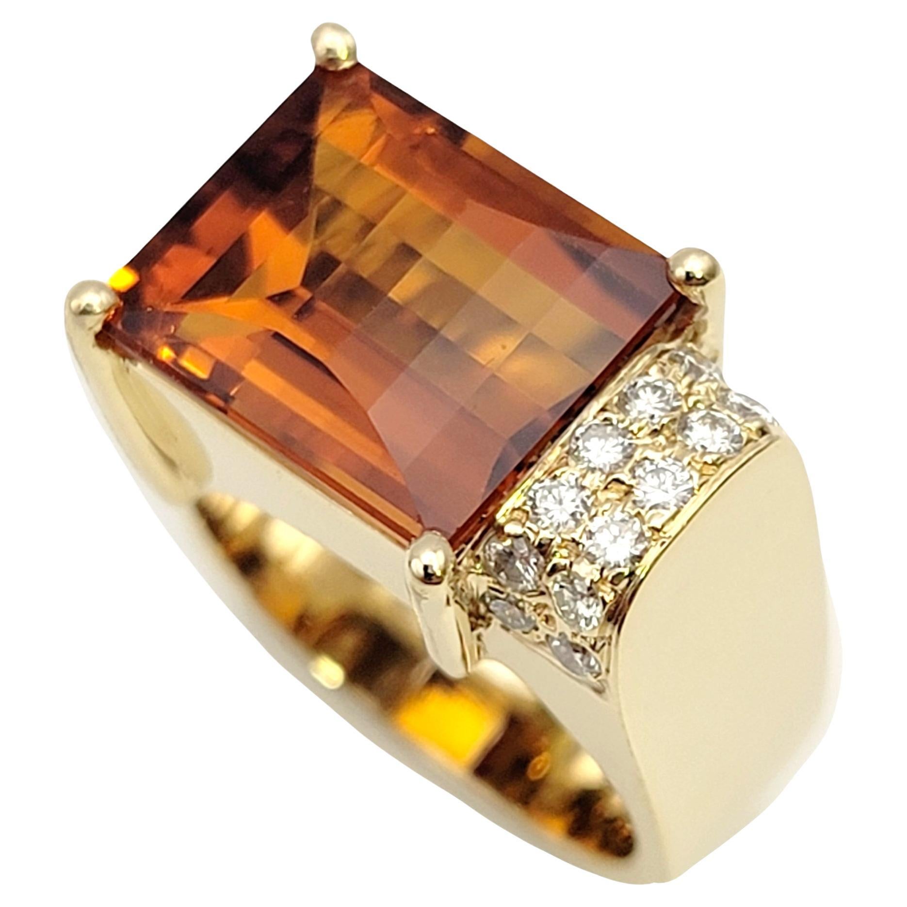 Contemporary Rectangular Cut Citrine and Off-Set Diamond Squared Band Ring For Sale
