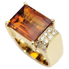 Contemporary Rectangular Cut Citrine and Off-Set Diamond Squared Band Ring