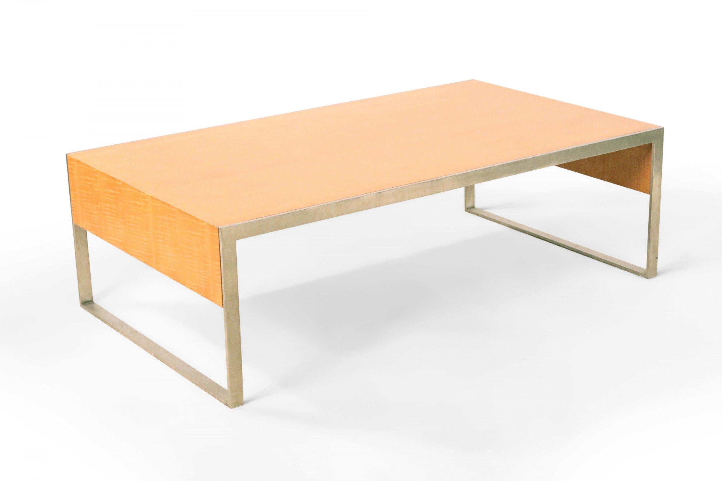 Modern Contemporary Rectangular Maple and Steel Coffee Table For Sale