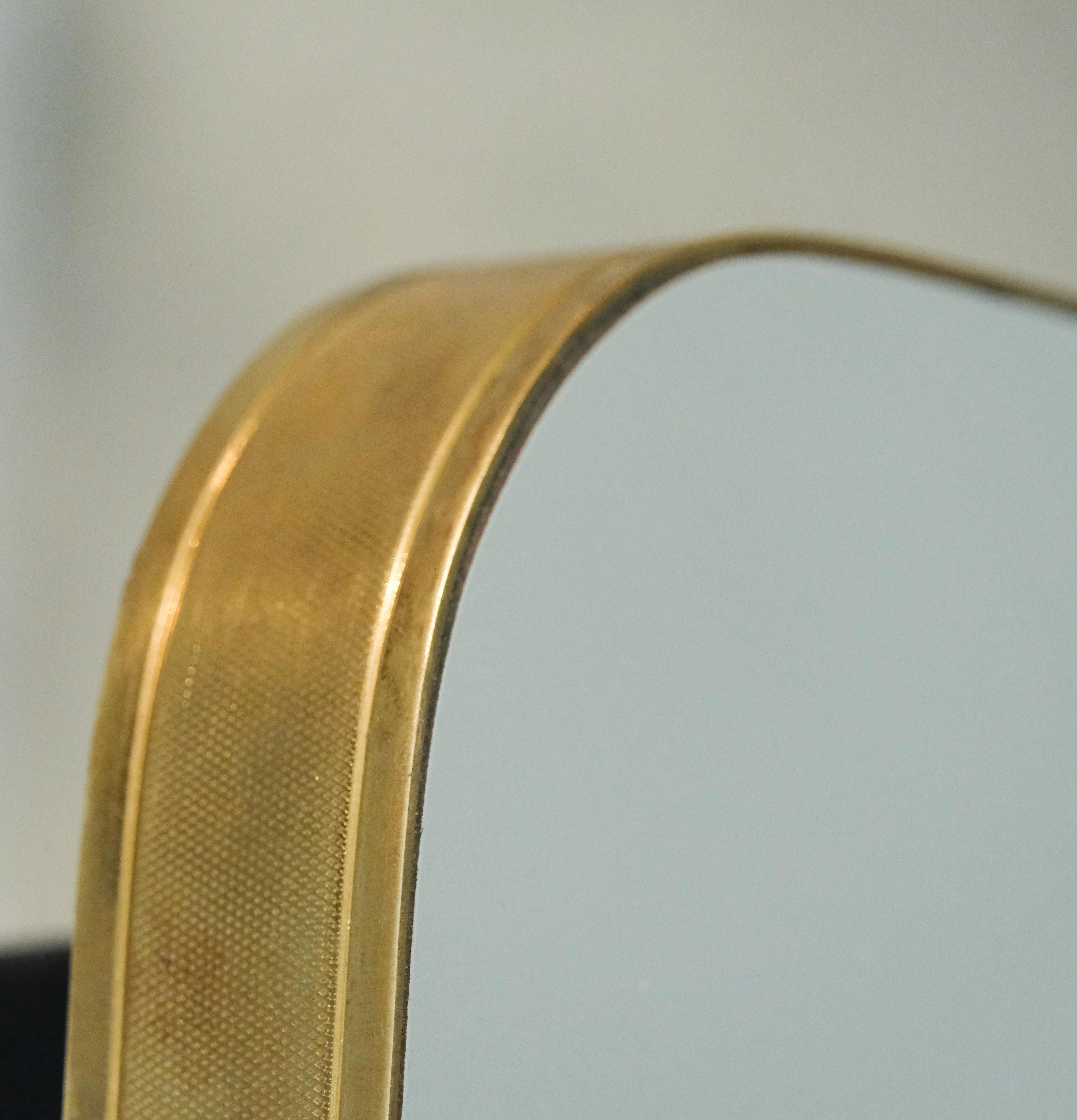Mid-Century Modern Mid-Century Style Rectangular Mirror Round Edges & Embossed Brass Frame Medium For Sale