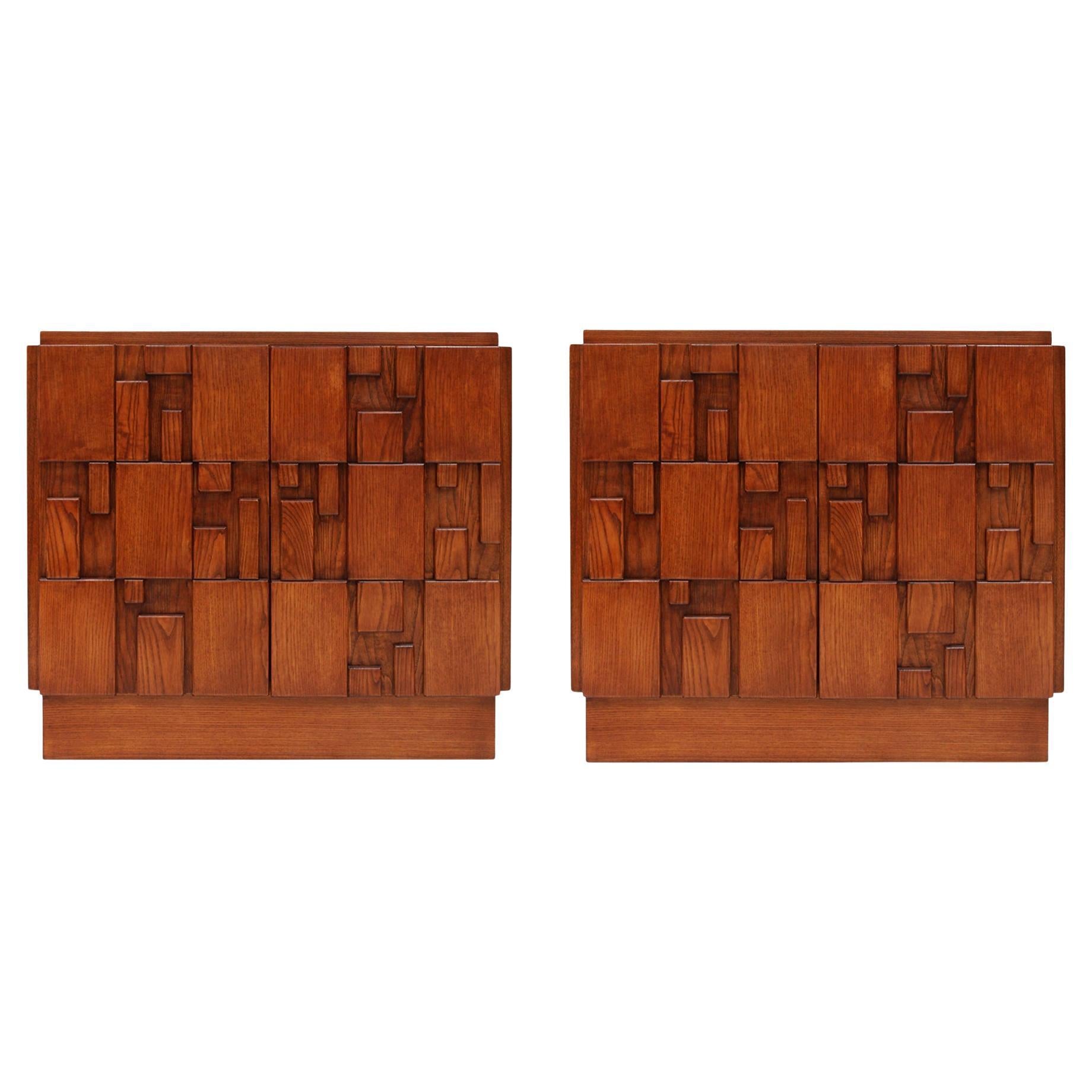 Contemporary Rectangular Patern Brutalist Solid Wood Pair Of Italian Sideboards For Sale