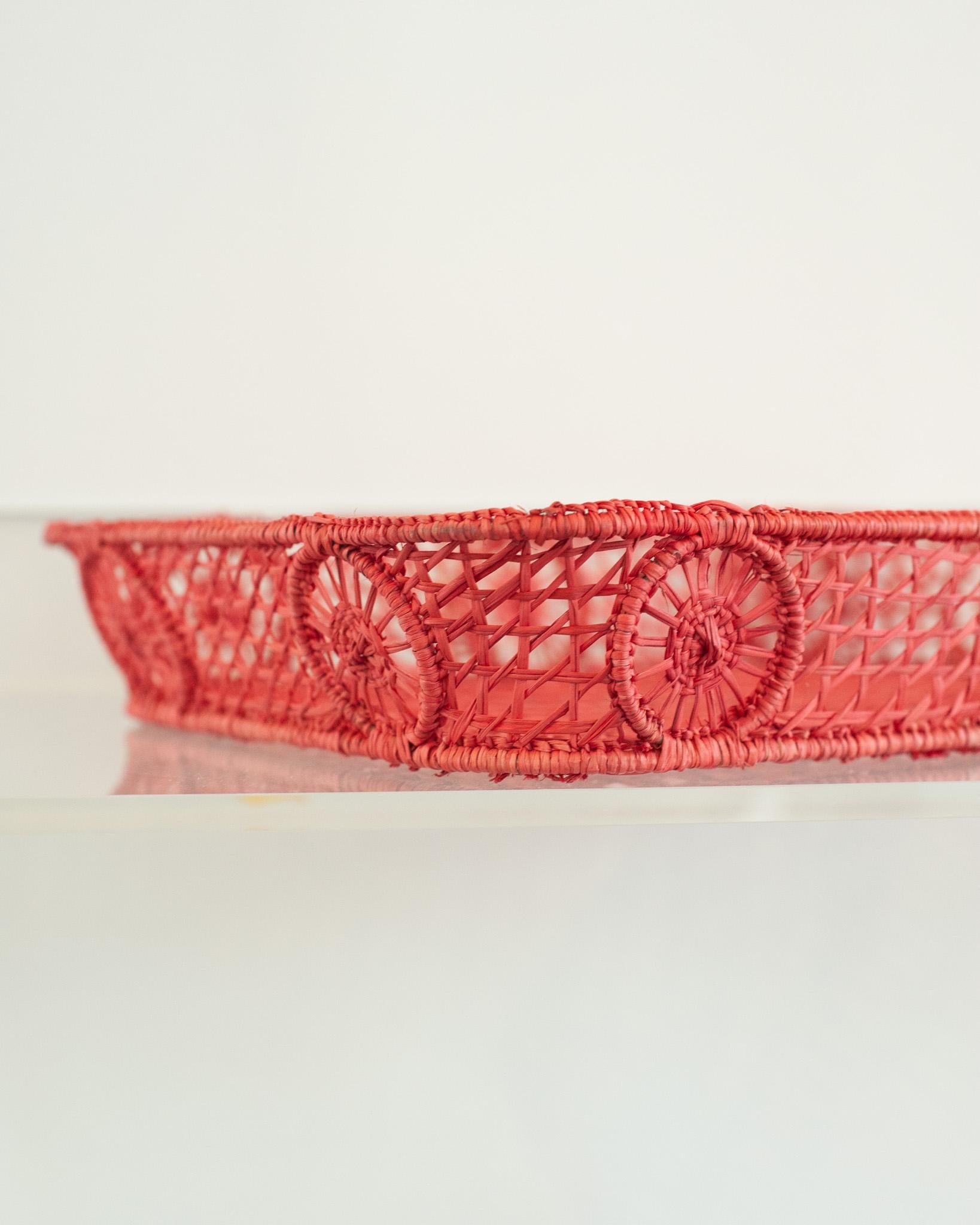 Colombian Contemporary Rectangular Rattan Serving Tray in Coral with Rounded Corners For Sale