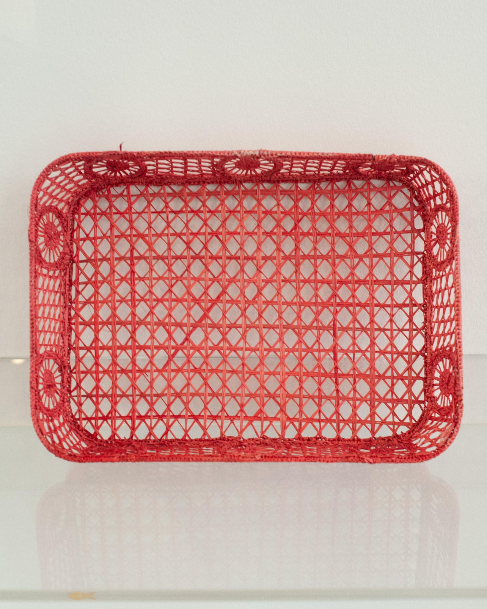 Hand-Woven Contemporary Rectangular Rattan Serving Tray in Coral with Rounded Corners For Sale