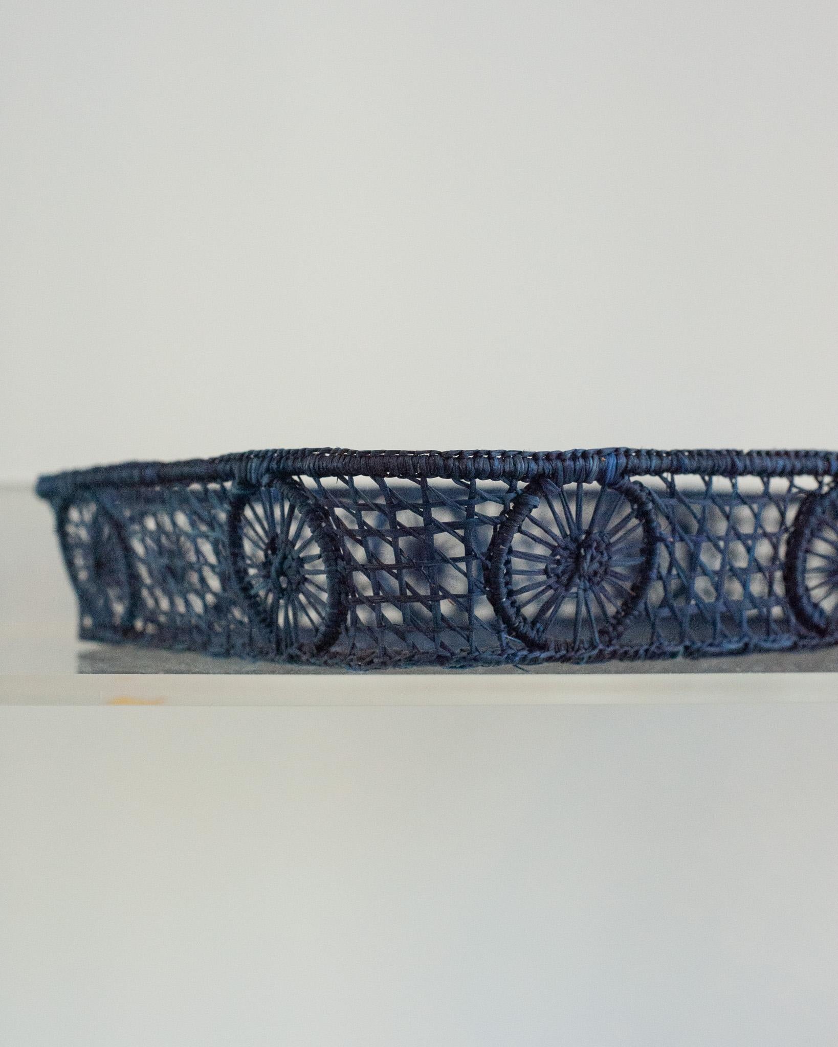 Colombian Contemporary Rectangular Rattan Serving Tray in Navy with Rounded Corners For Sale
