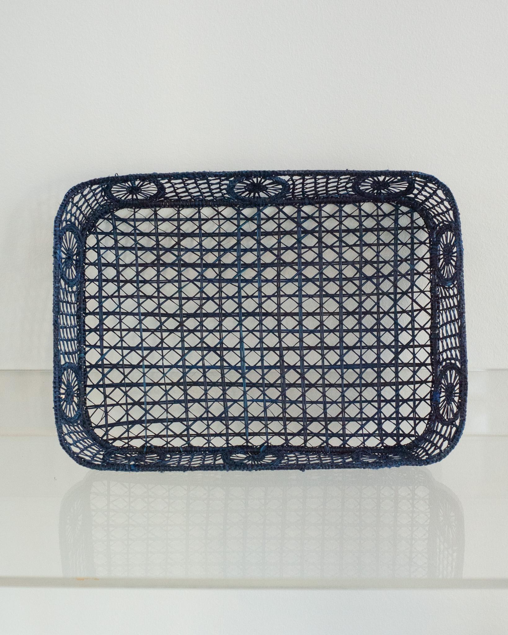 Hand-Woven Contemporary Rectangular Rattan Serving Tray in Navy with Rounded Corners For Sale