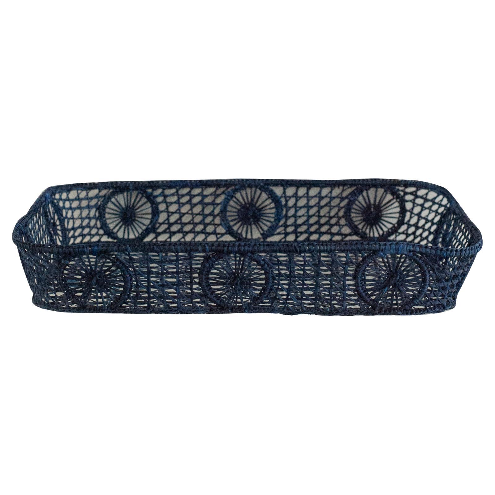 Contemporary Rectangular Rattan Serving Tray in Navy with Rounded Corners