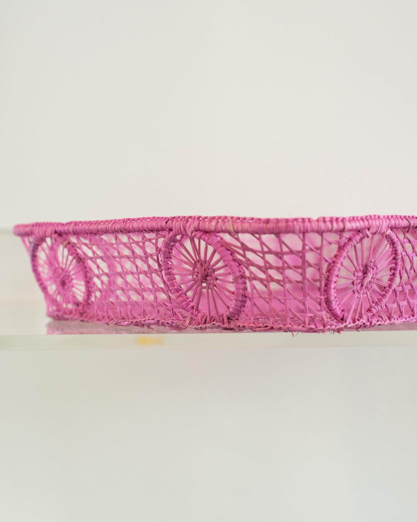 Colombian Contemporary Rectangular Rattan Serving Tray in Pink with Rounded Corners For Sale