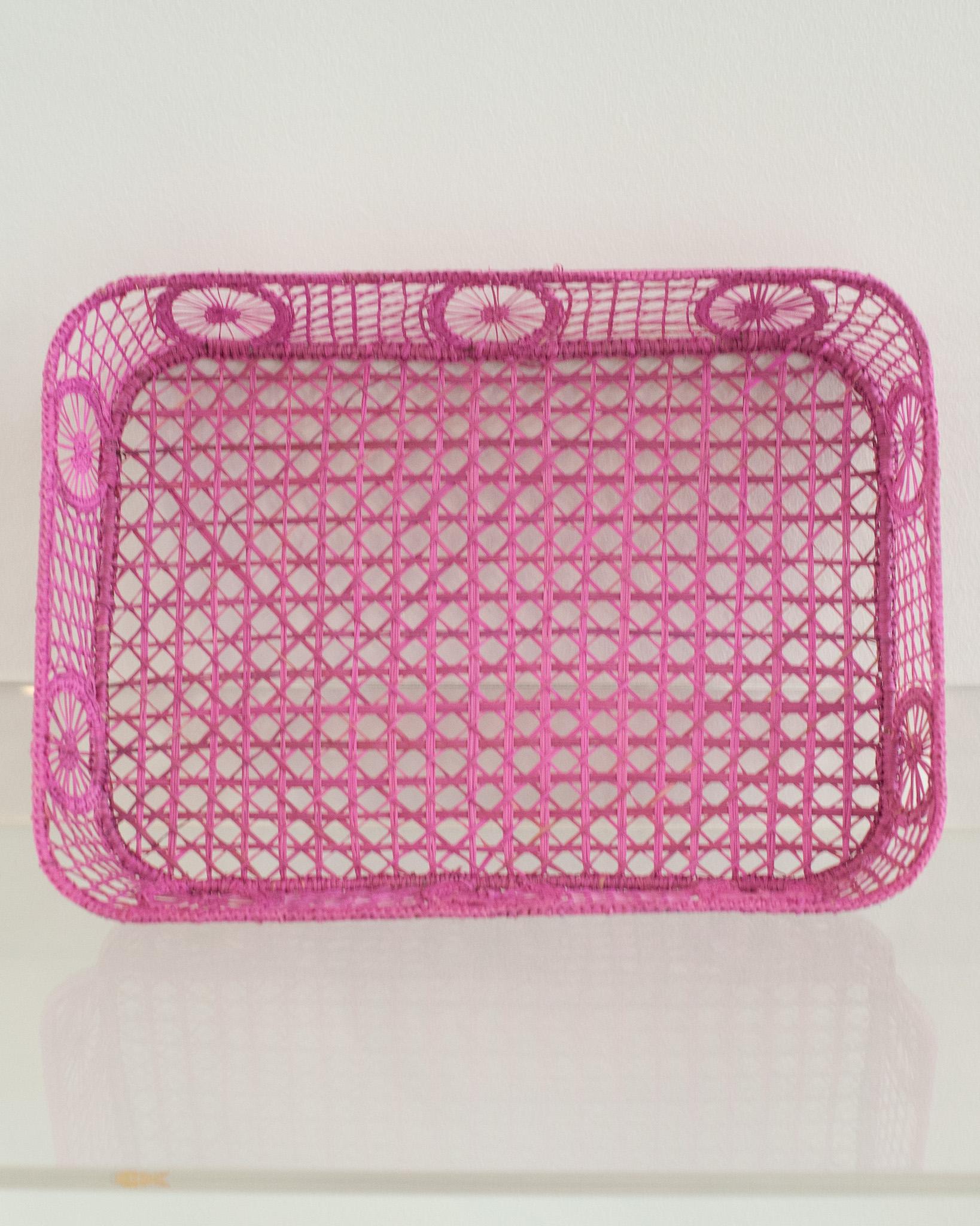 Hand-Woven Contemporary Rectangular Rattan Serving Tray in Pink with Rounded Corners For Sale
