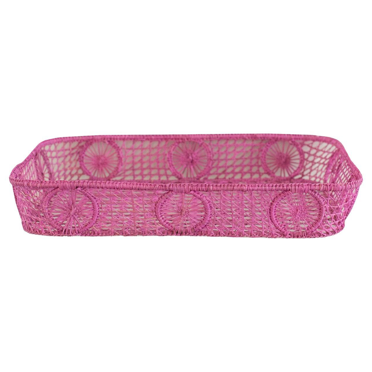 Bandeja rectangular contemporánea de ratán en rosa con esquinas redondeadas