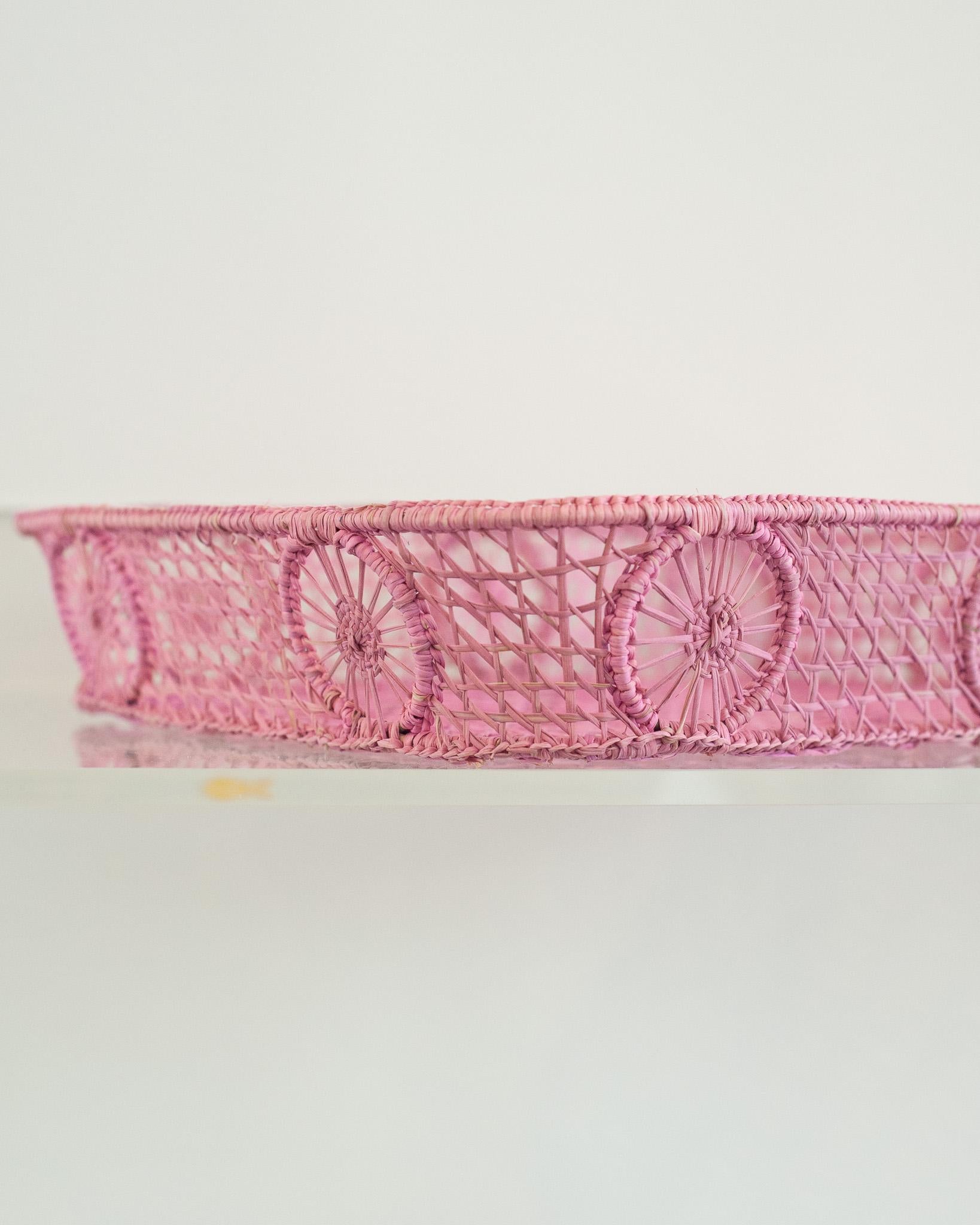 Colombian Contemporary Rectangular Rattan Serving Tray in Soft Pink with Rounded Corners For Sale