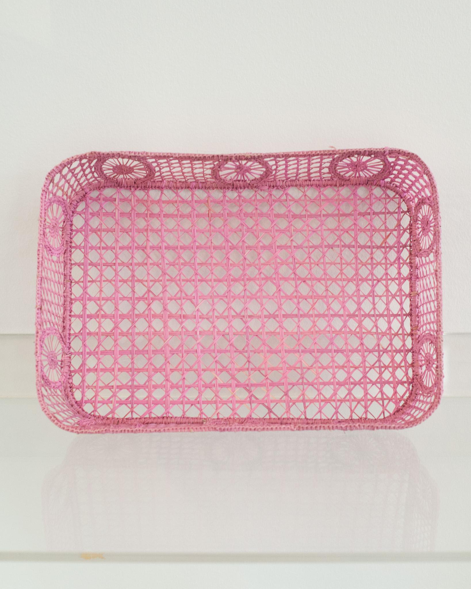 Hand-Woven Contemporary Rectangular Rattan Serving Tray in Soft Pink with Rounded Corners For Sale