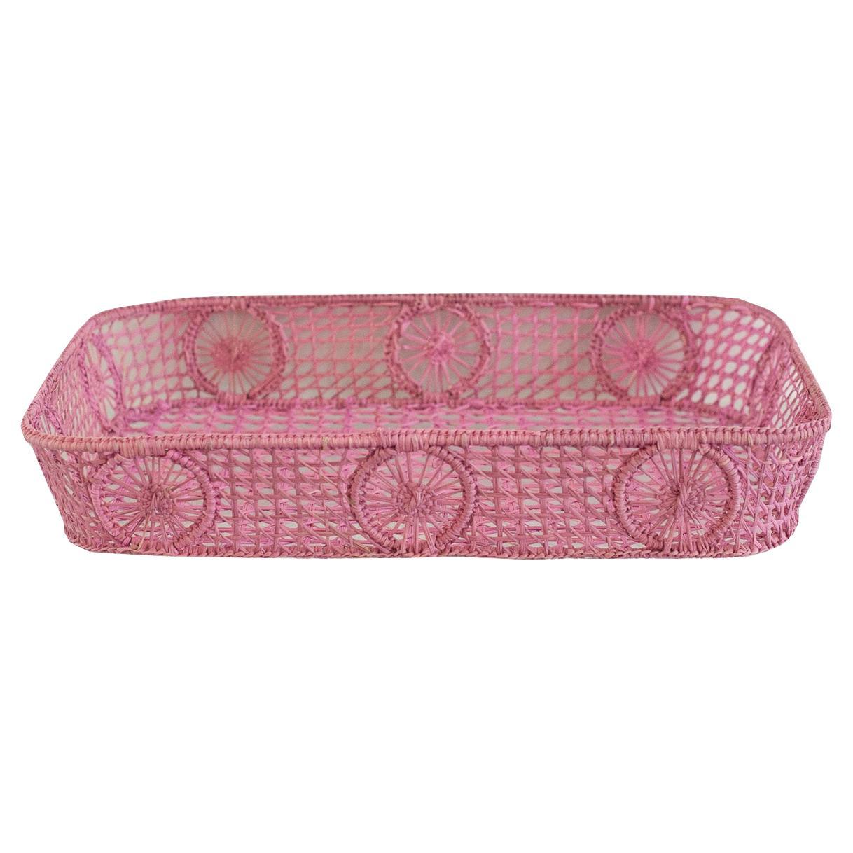 Bandeja rectangular contemporánea de ratán en rosa suave con esquinas redondeadas