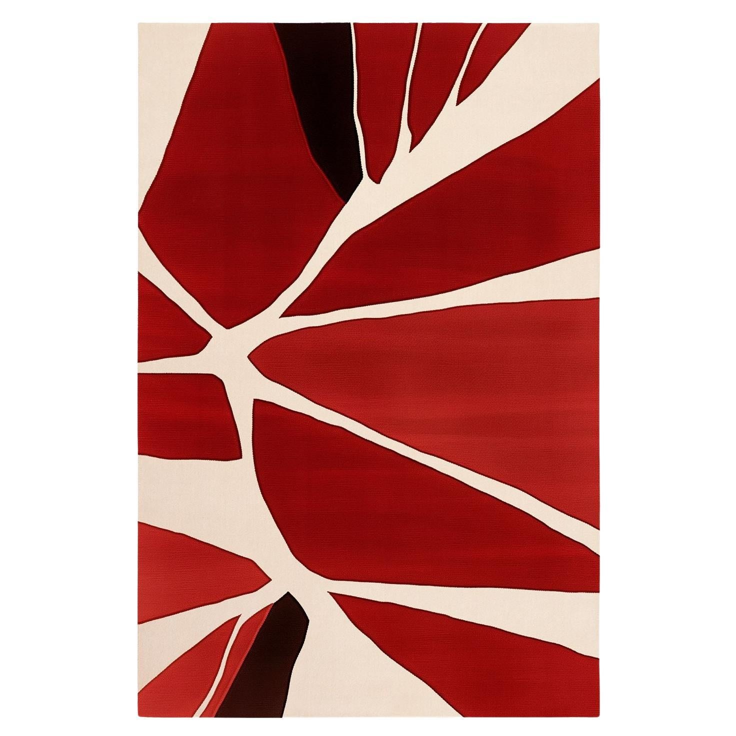 Alfombra Rectangular Contemporánea Motivo Floral Geométrico Rojo Oscuro, Blanco, Negro