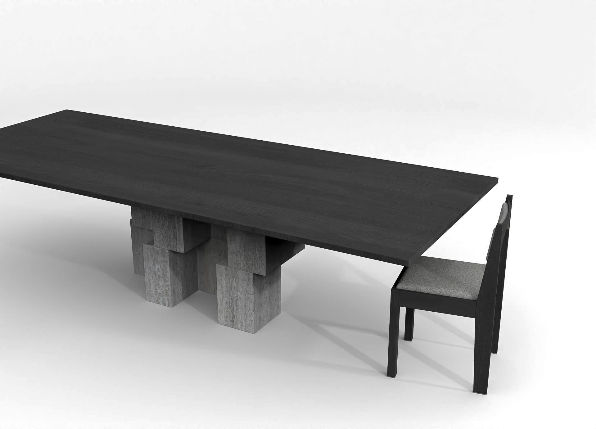 The barh skyline table is an architecture inspired table. The base is formed by a composition of archetypal volumes that becomes an interesting structure due to the use of depth and shadow. The design combined with pure materials makes for a