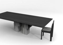 mesa rectangular contemporánea de madera de fresno teñida de negro y travertino