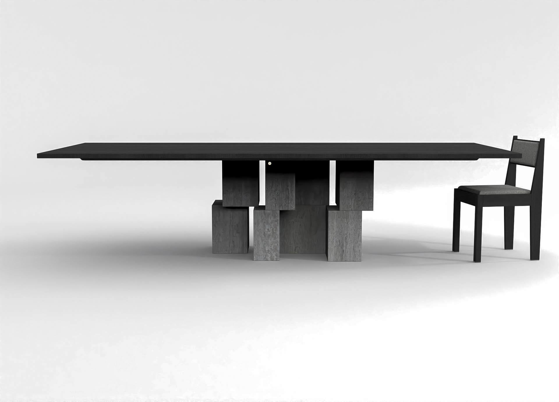 Brutalist contemporary rectangular table in black stained ash wood and travertine For Sale