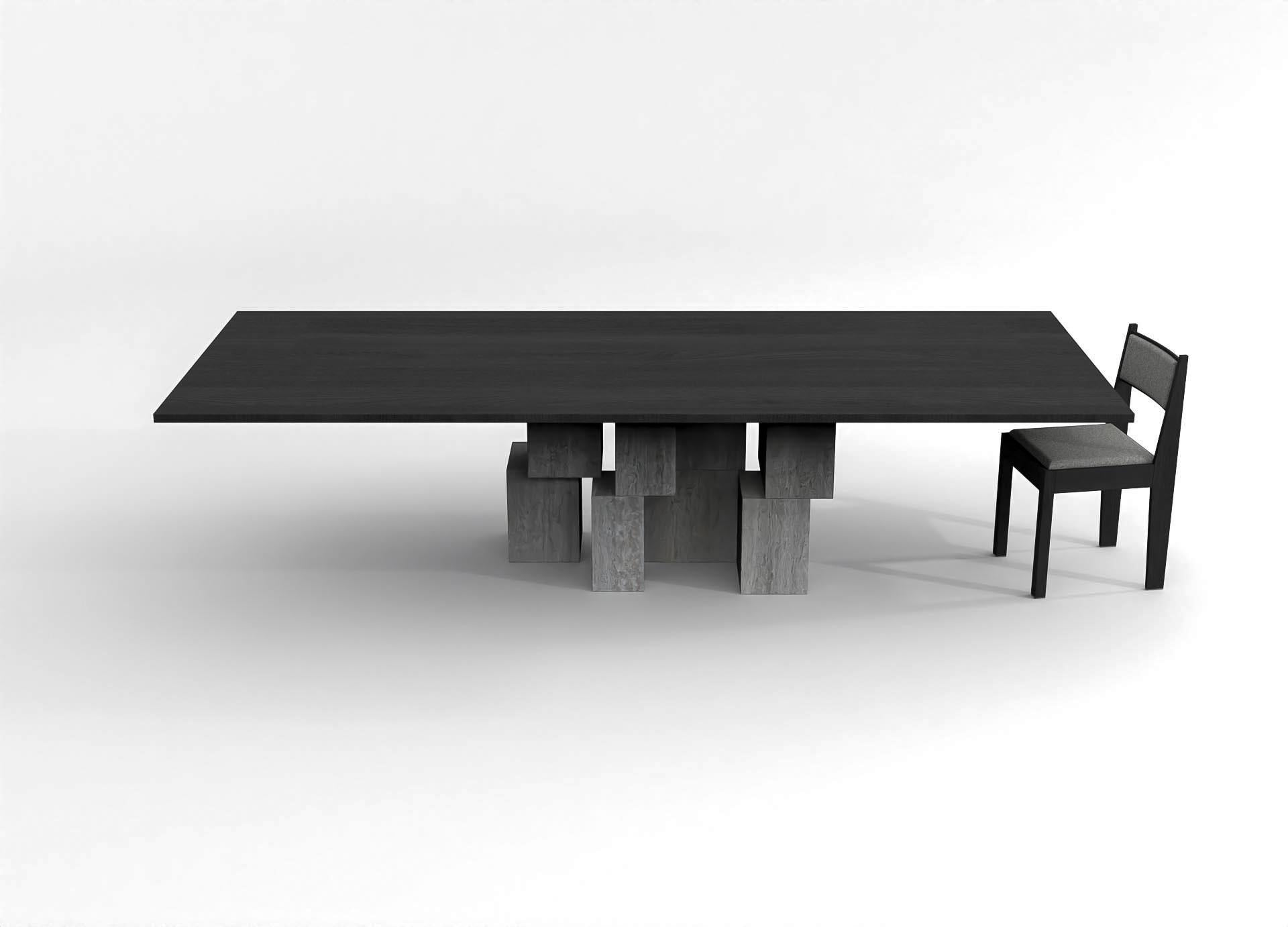 Belgian contemporary rectangular table in black stained ash wood and travertine For Sale