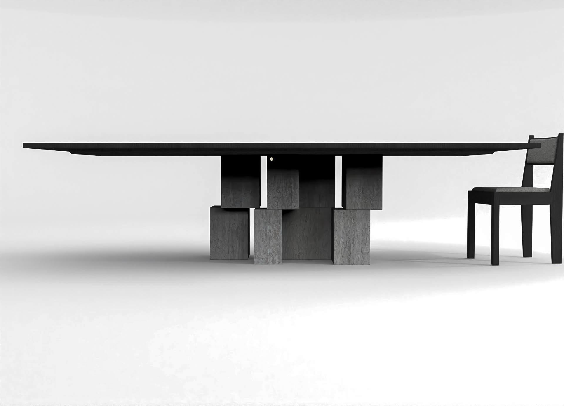 Stained contemporary rectangular table in black stained ash wood and travertine For Sale