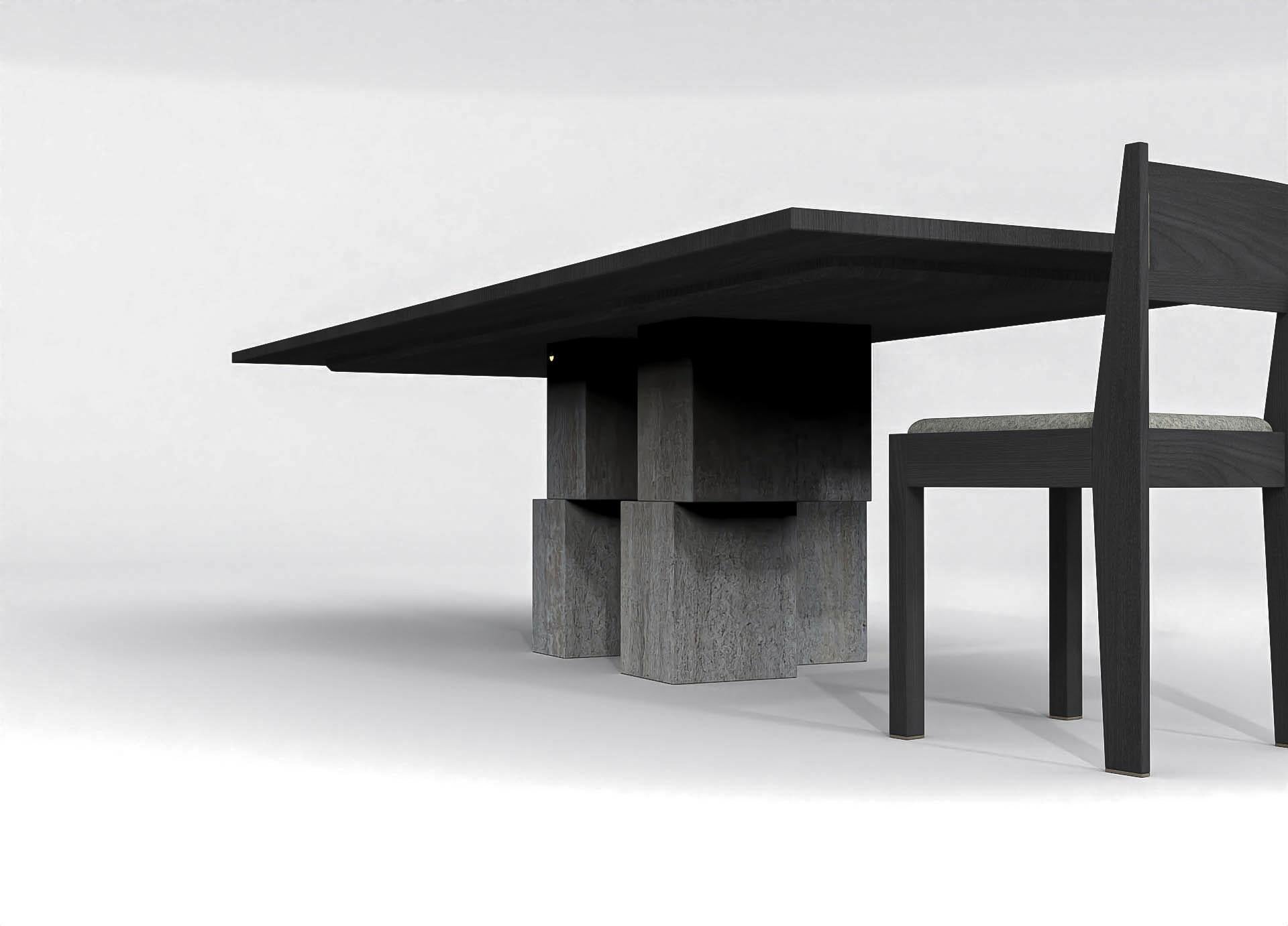 contemporary rectangular table in black stained ash wood and travertine In New Condition For Sale In Antwerp, Antwerp