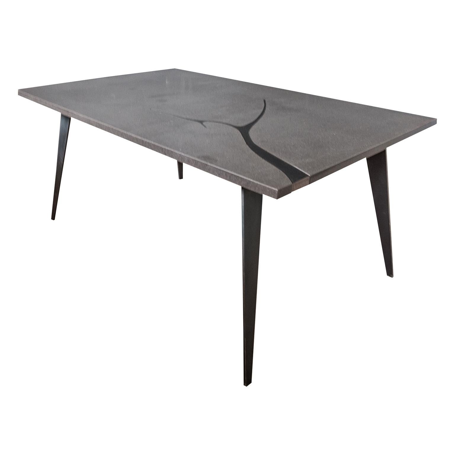 Contemporary Rectangular Table in Lava Stone and Steel, FilodiFumo 3rd For Sale