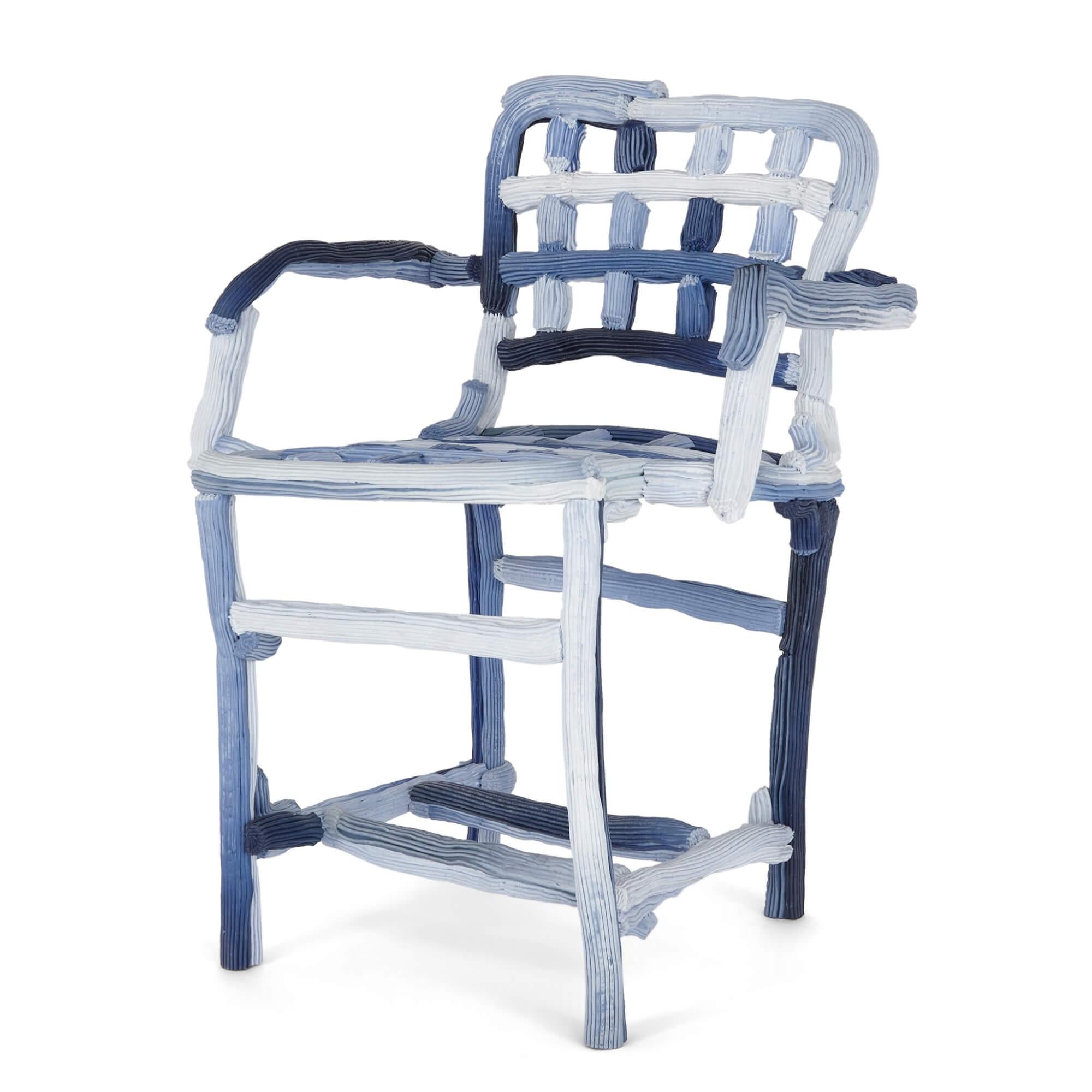 Contemporary recycled plastic chair by James Shaw 
English, 2020
Height 78cm, width 58cm, depth 49cm

Designed and made by James Shaw, the renowned English contemporary designer and maker, the chair is a playful take on the design of a utilitarian