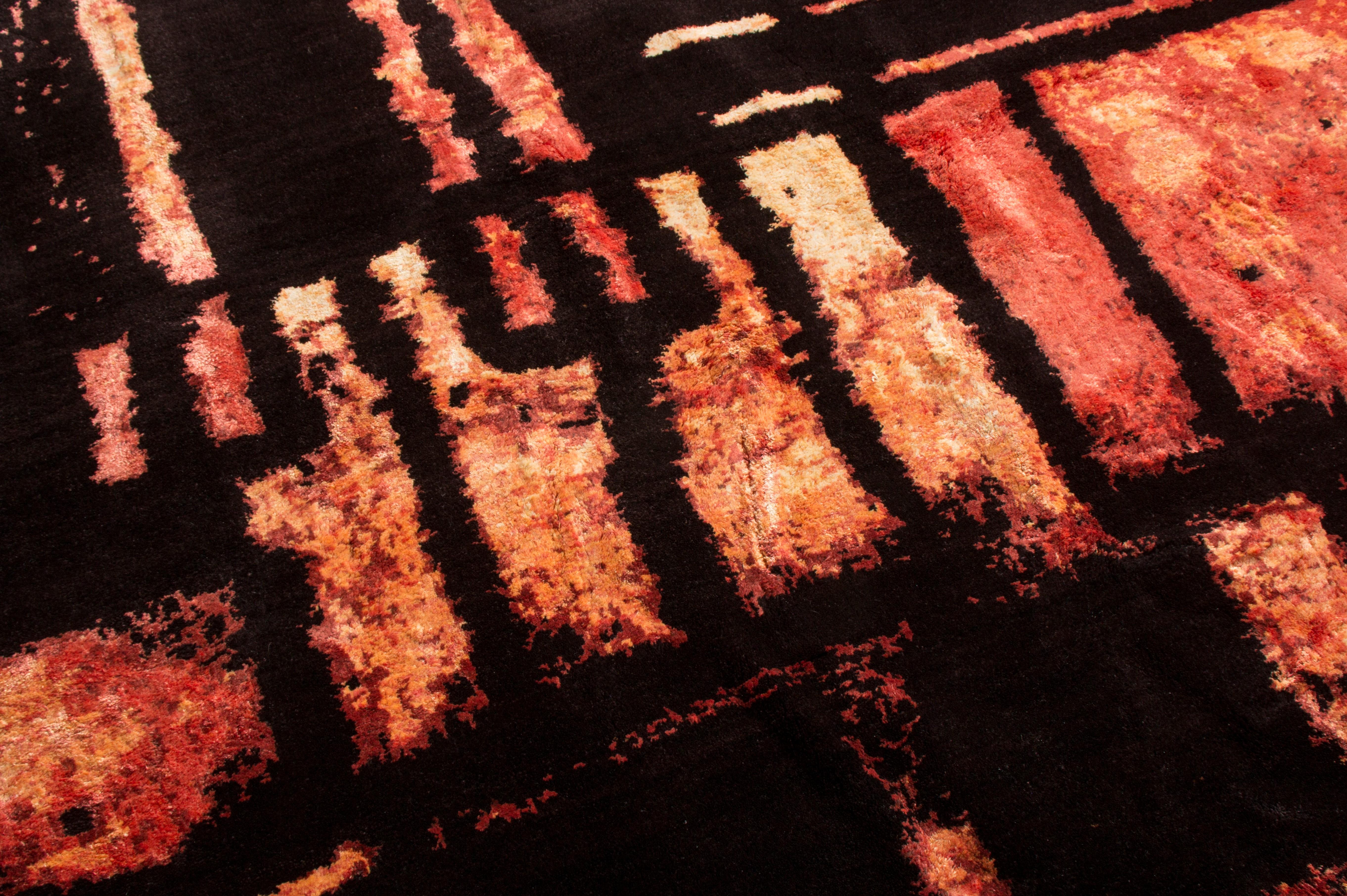 Indian Contemporary Red and Black Wool and Silk Rug For Sale