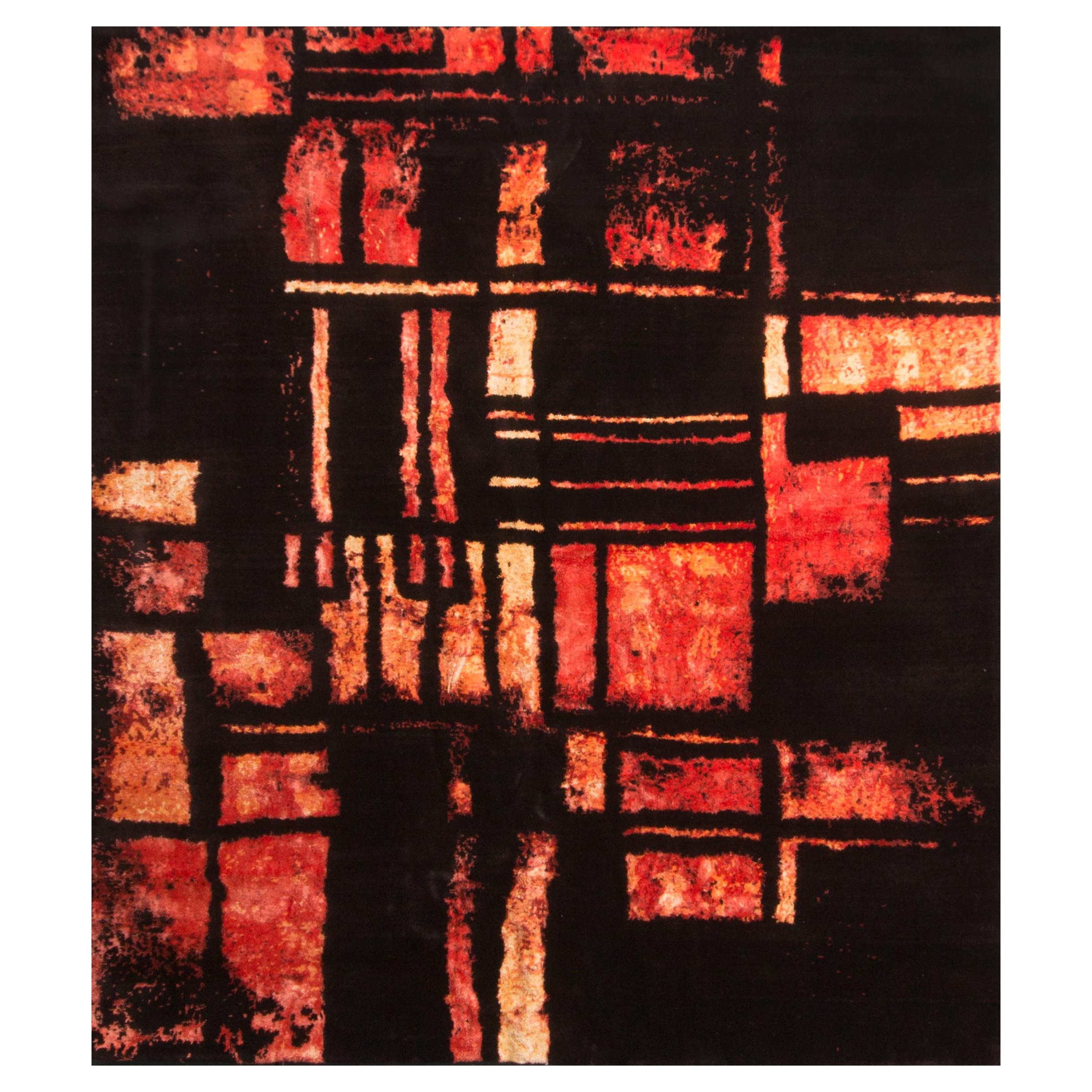 Contemporary Red and Black Wool and Silk Rug For Sale