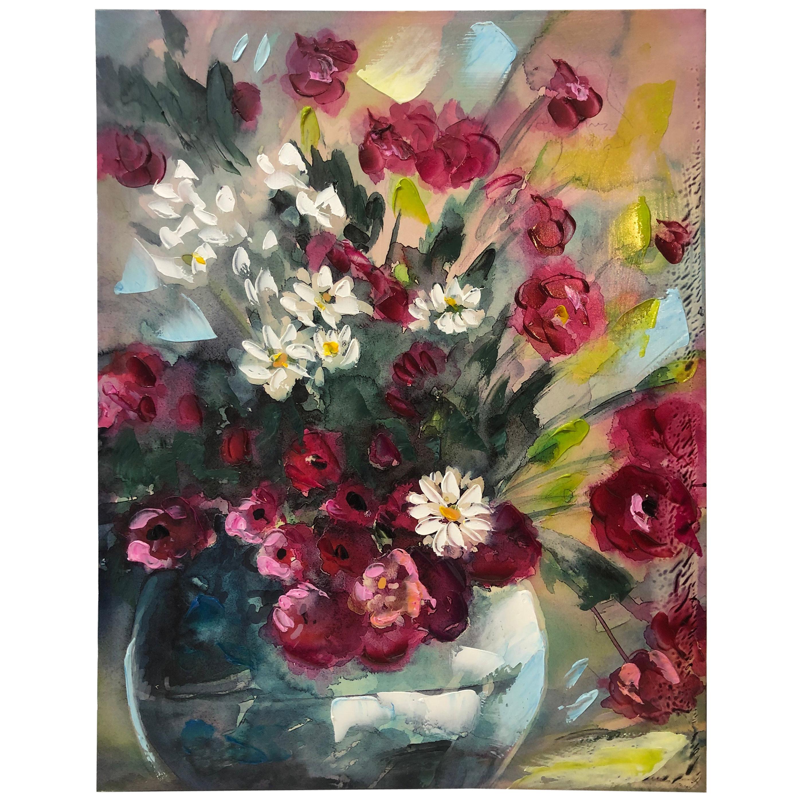 Contemporary Red and White Bouquet of Flowers Painting
