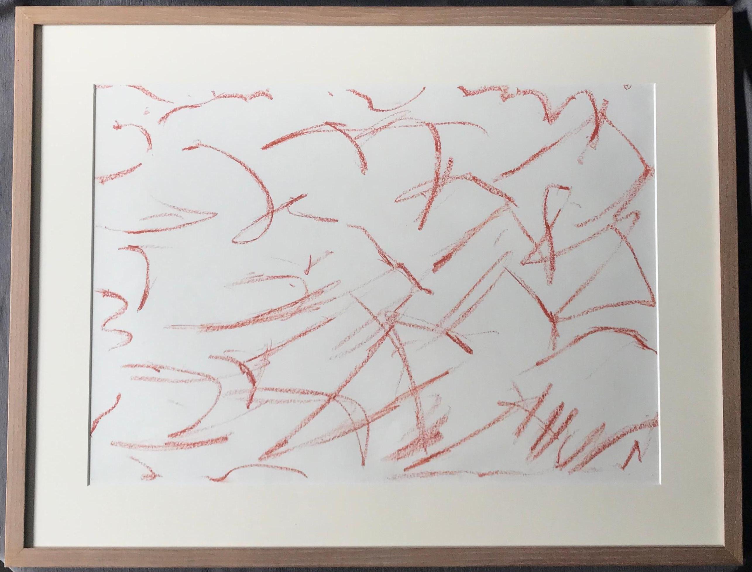 Contemporary red chalk drawing Mid-century drawing in terracotta chalk lines in the manner of Twombly in contemporary mat and wood frame. United States, mid-20th century
Dimensions: 29.5