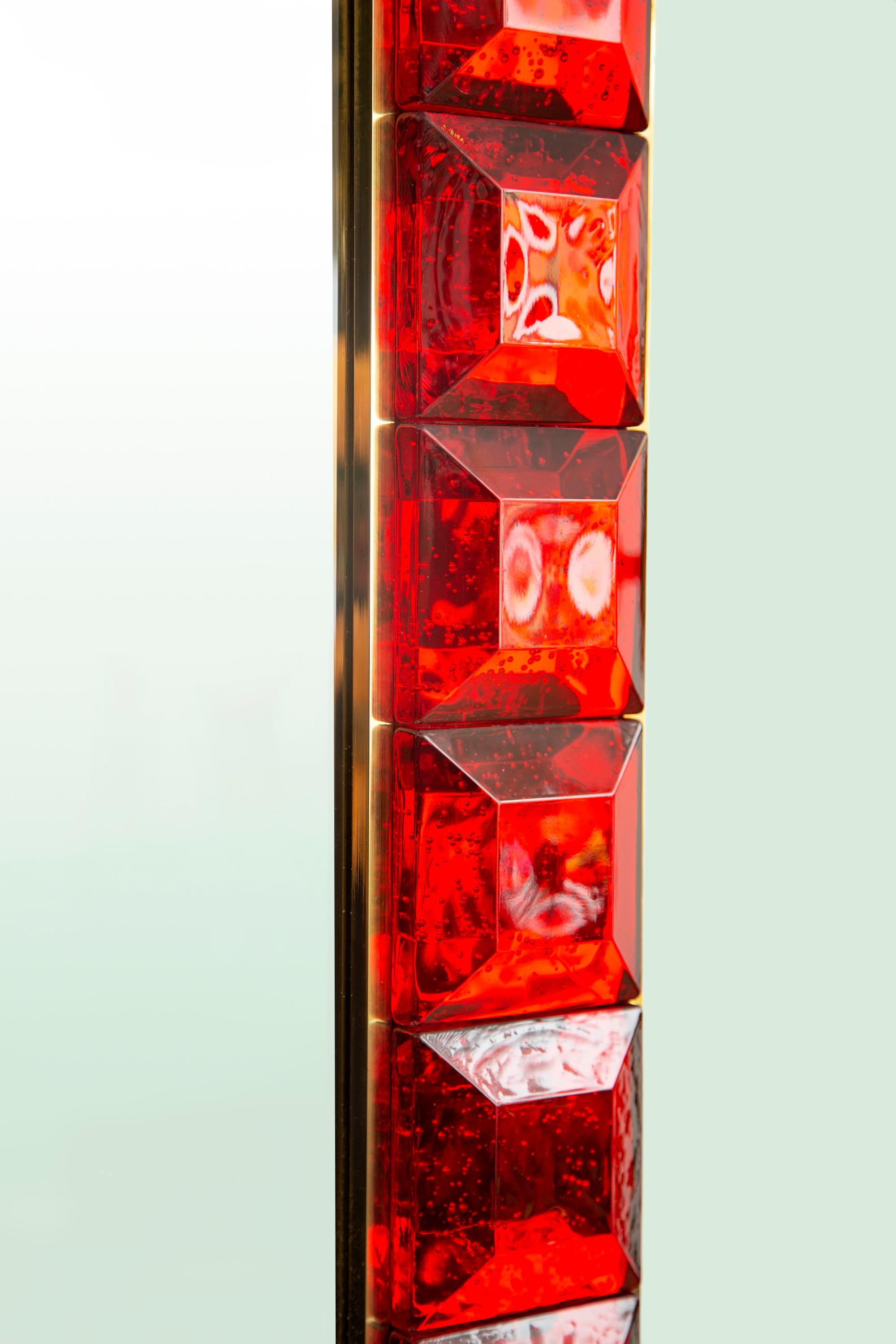 Italian Contemporary Ruby Red Diamond Murano Glass Mirror, in Stock