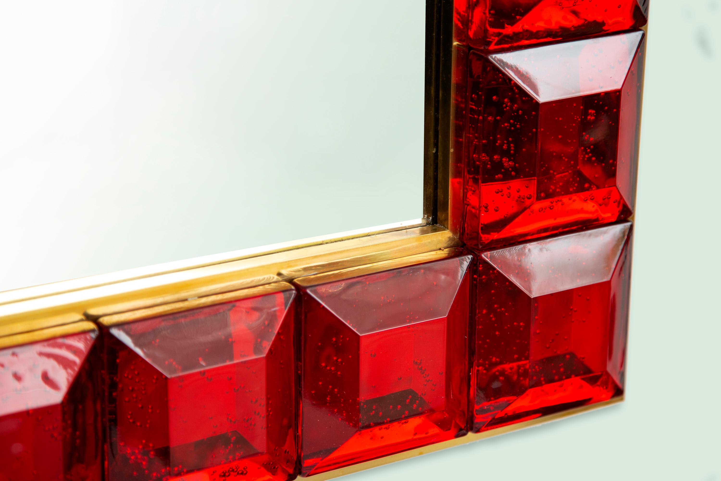 Brass Contemporary Ruby Red Diamond Murano Glass Mirror, in Stock