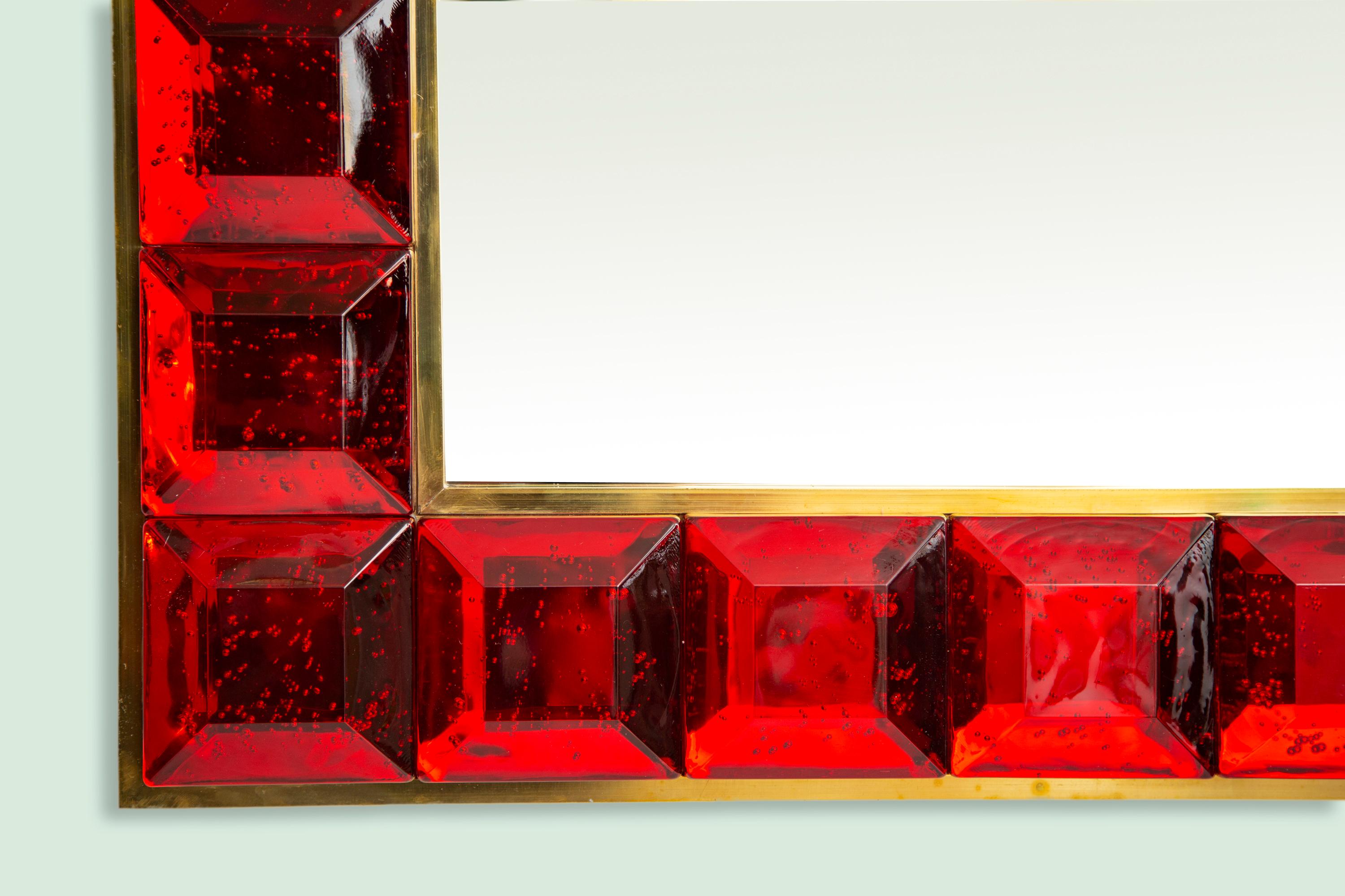 Contemporary Ruby Red Diamond Murano Glass Mirror, in Stock 1