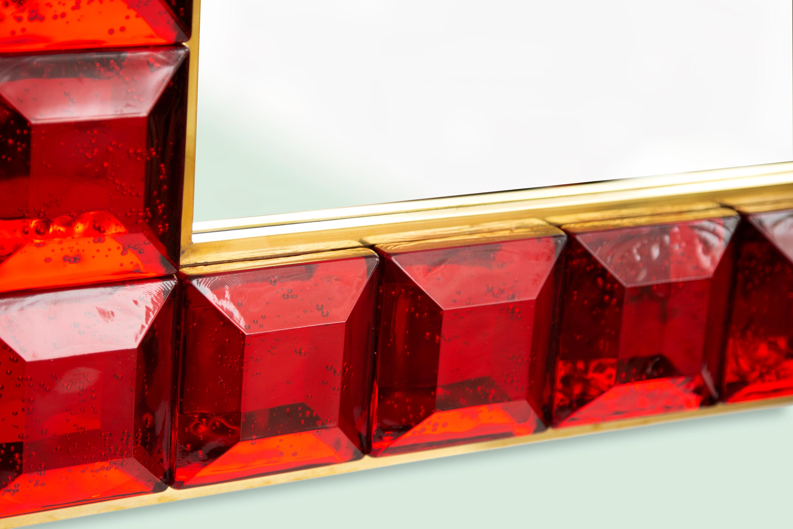 Contemporary Ruby Red Diamond Murano Glass Mirror, in Stock 2