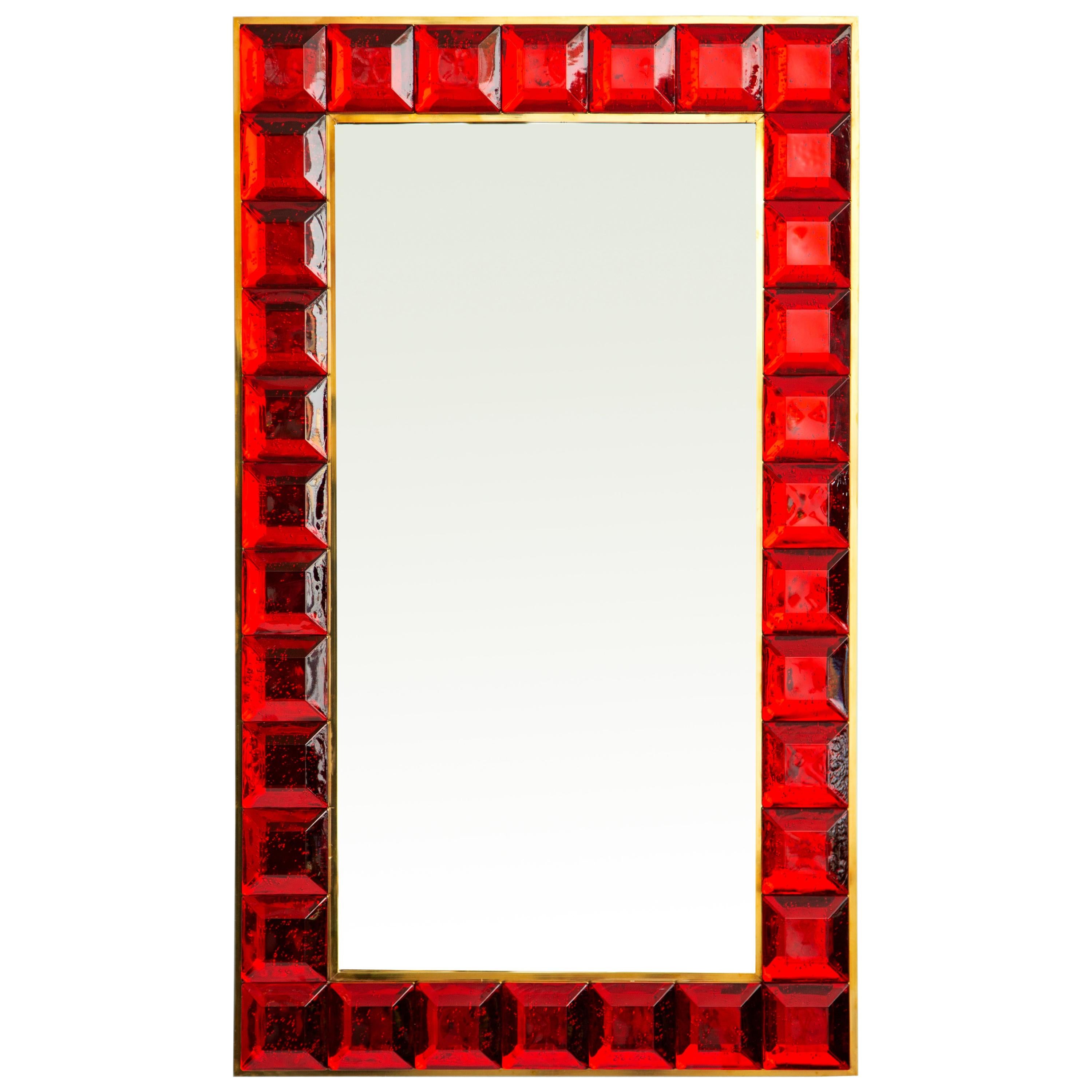 Contemporary Ruby Red Diamond Murano Glass Mirror, in Stock