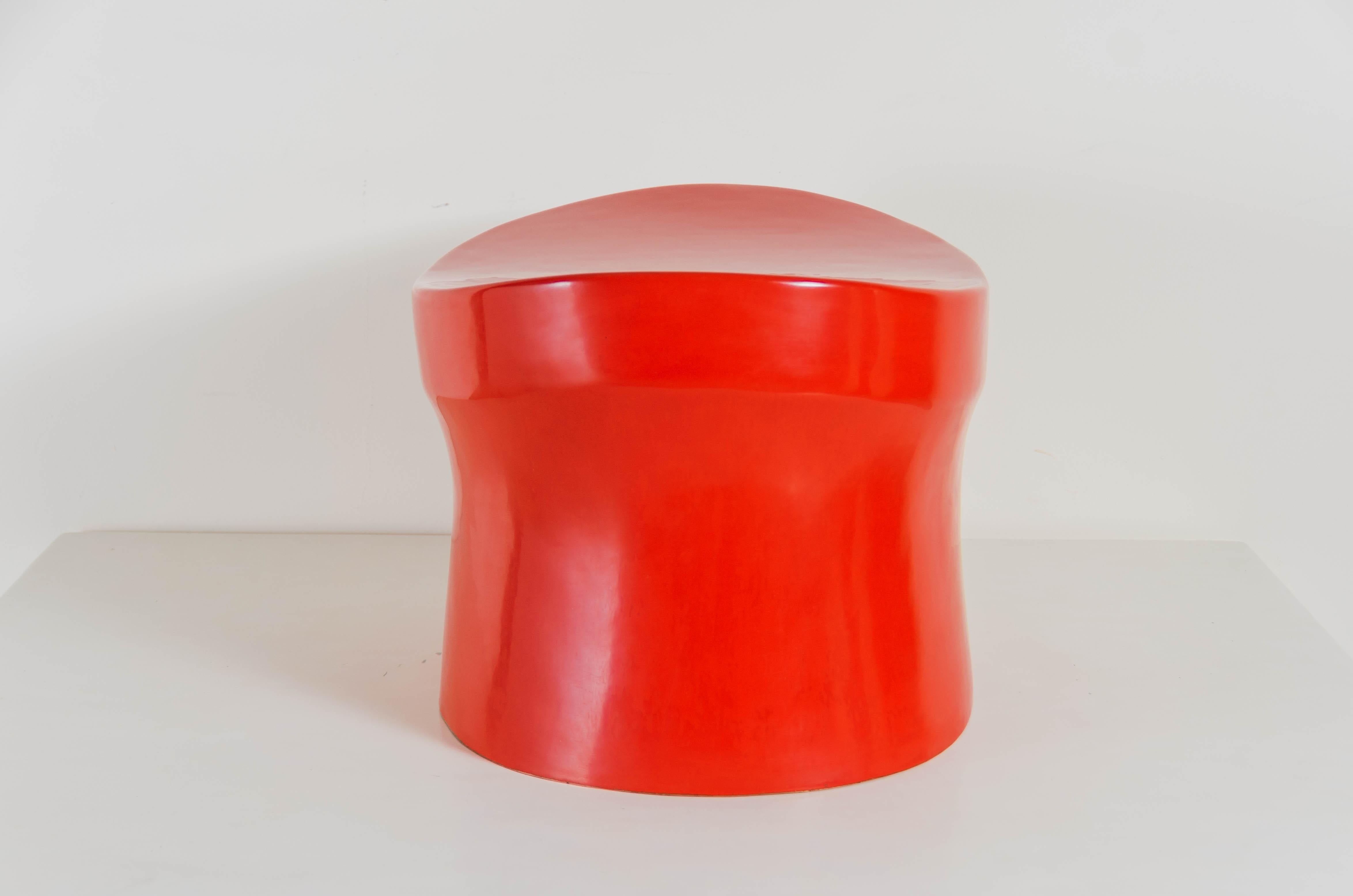 Repoussé Contemporary Red Lacquer Saddle Seat Drumstool by Robert Kuo, Limited Edition For Sale