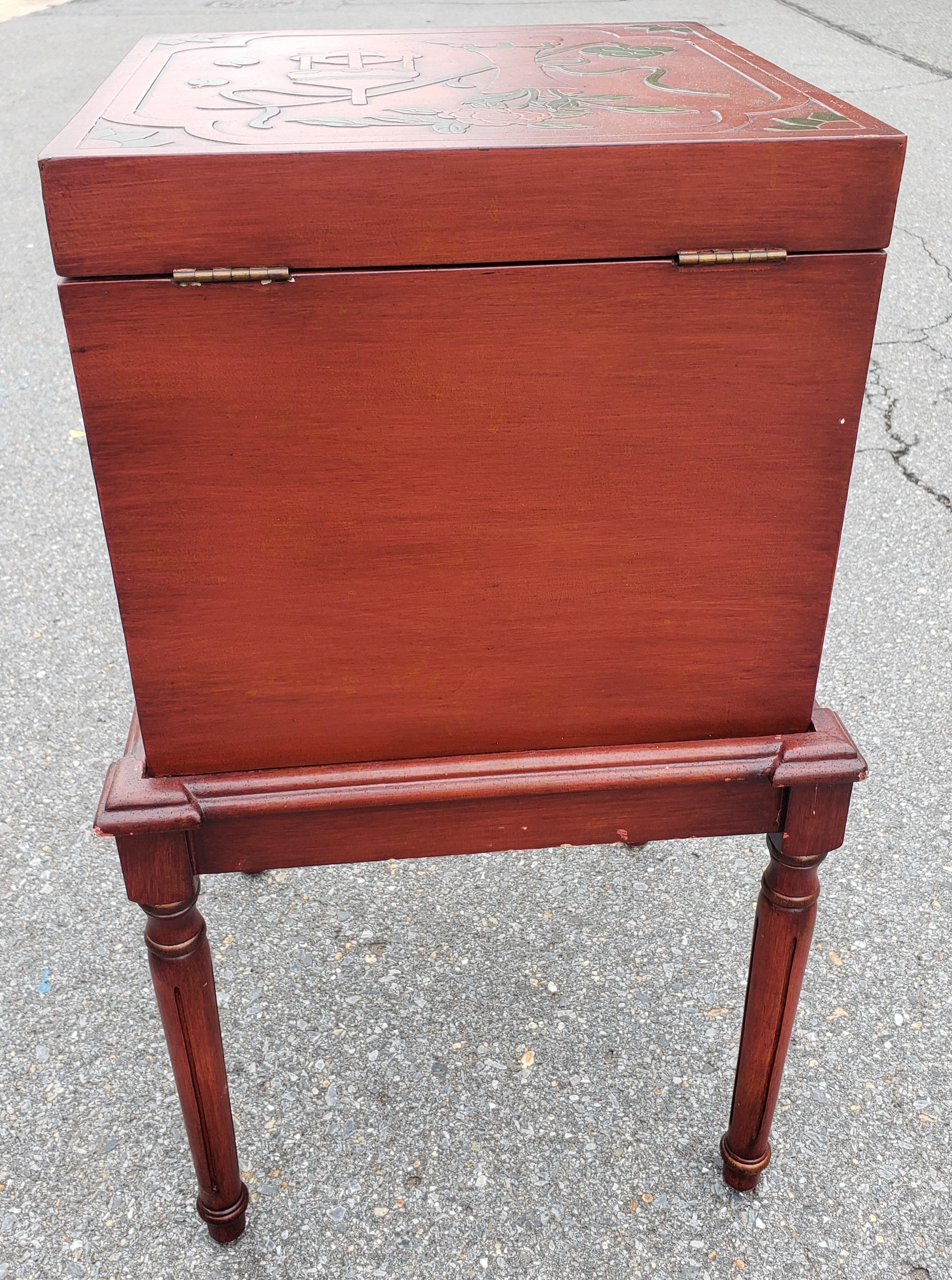 Contemporary Red Lacquered and Ornate Asian Storage and Filing Cabinet on Stand For Sale 1
