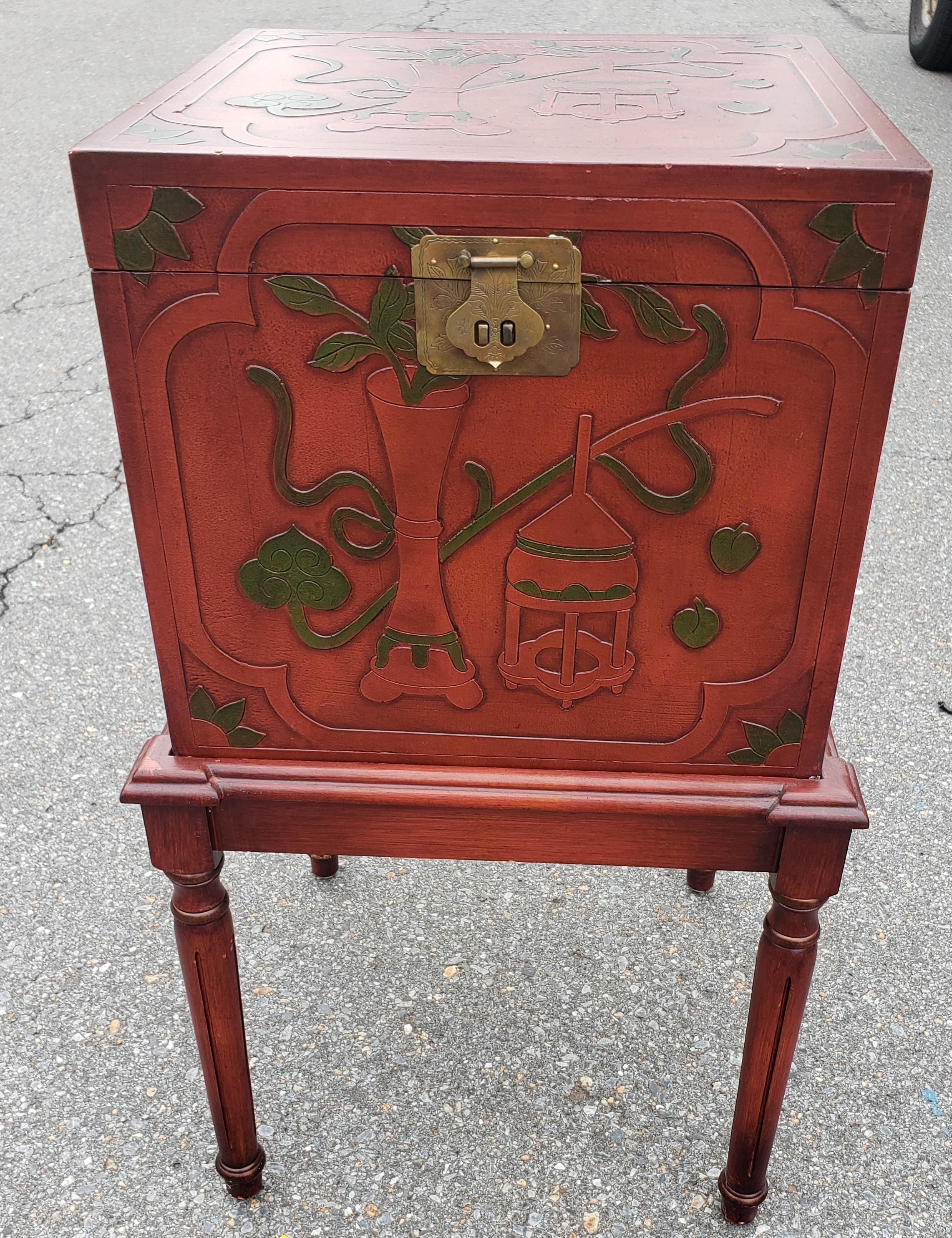 Contemporary Red Lacquered and Ornate Asian Storage and Filing Cabinet on Stand For Sale 2