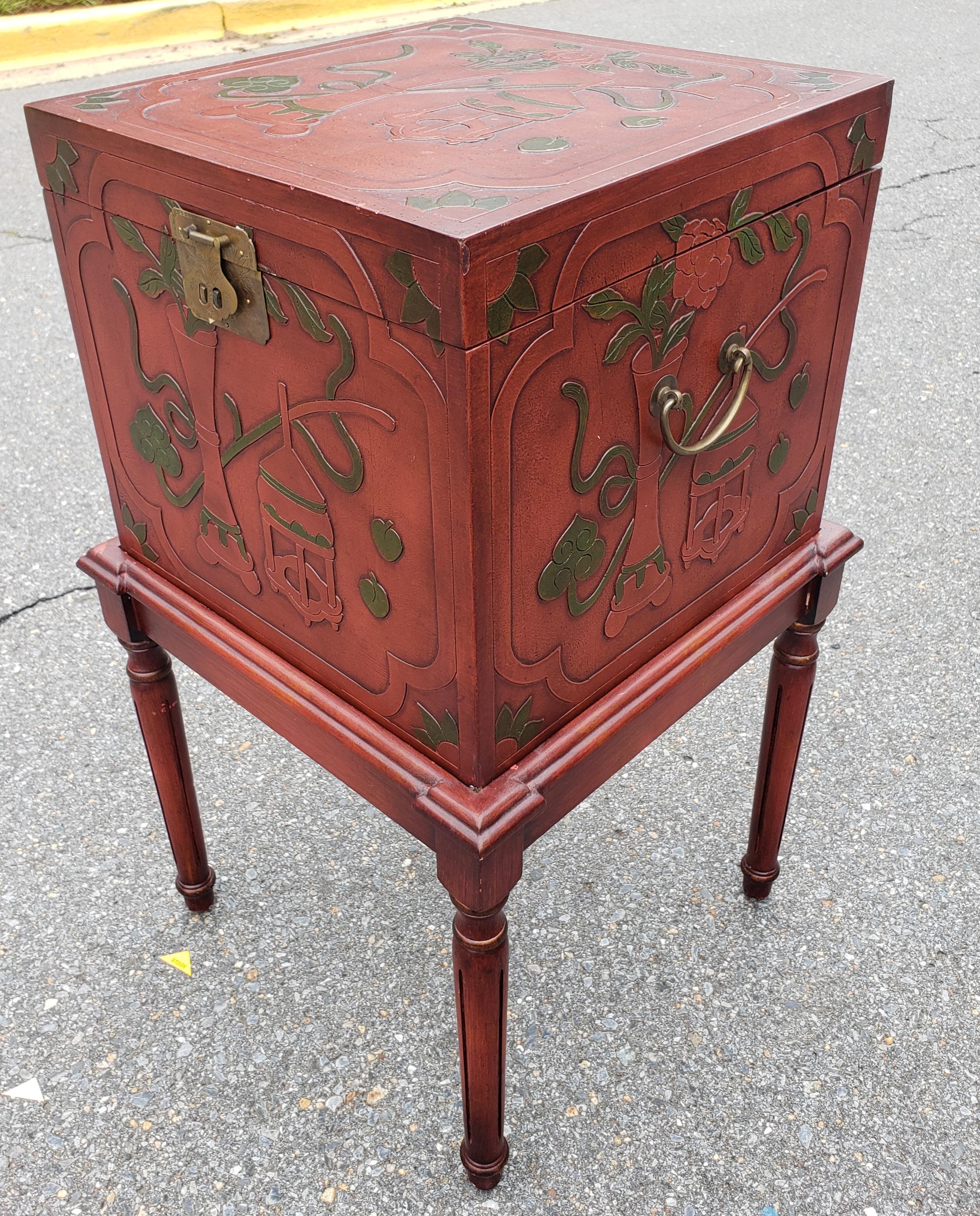 Contemporary Red Lacquered and Ornate Asian Storage and Filing Cabinet on Stand For Sale 3