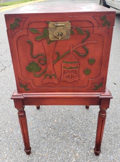 Contemporary Red Lacquered and Ornate Asian Storage and Filing Cabinet on Stand