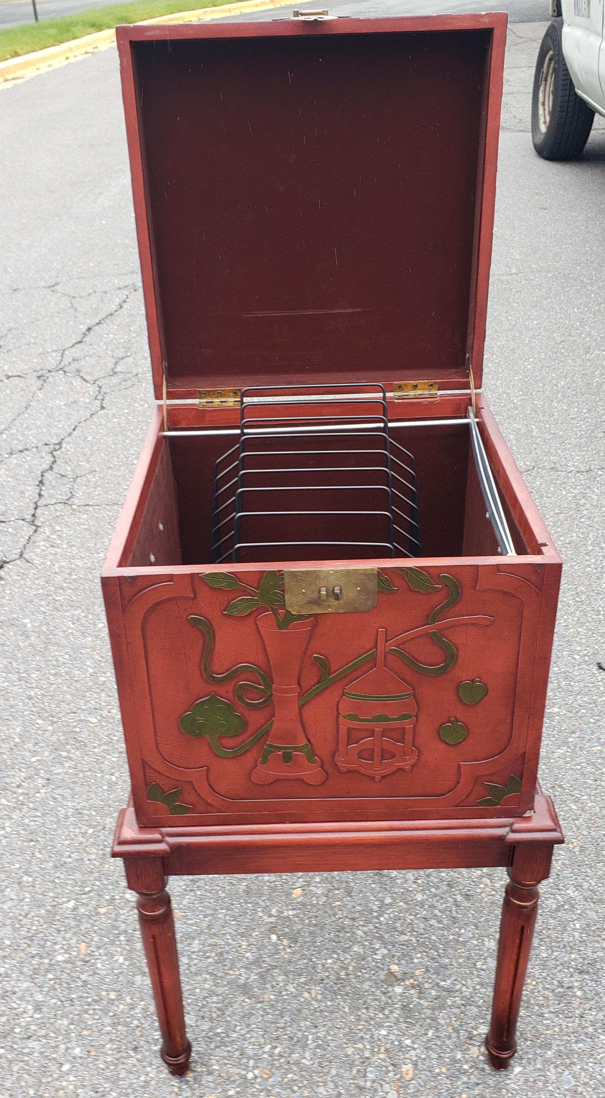 Contemporary Red Lacquered and Ornate Asian Storage and Filing Cabinet on Stand In Good Condition For Sale In Germantown, MD