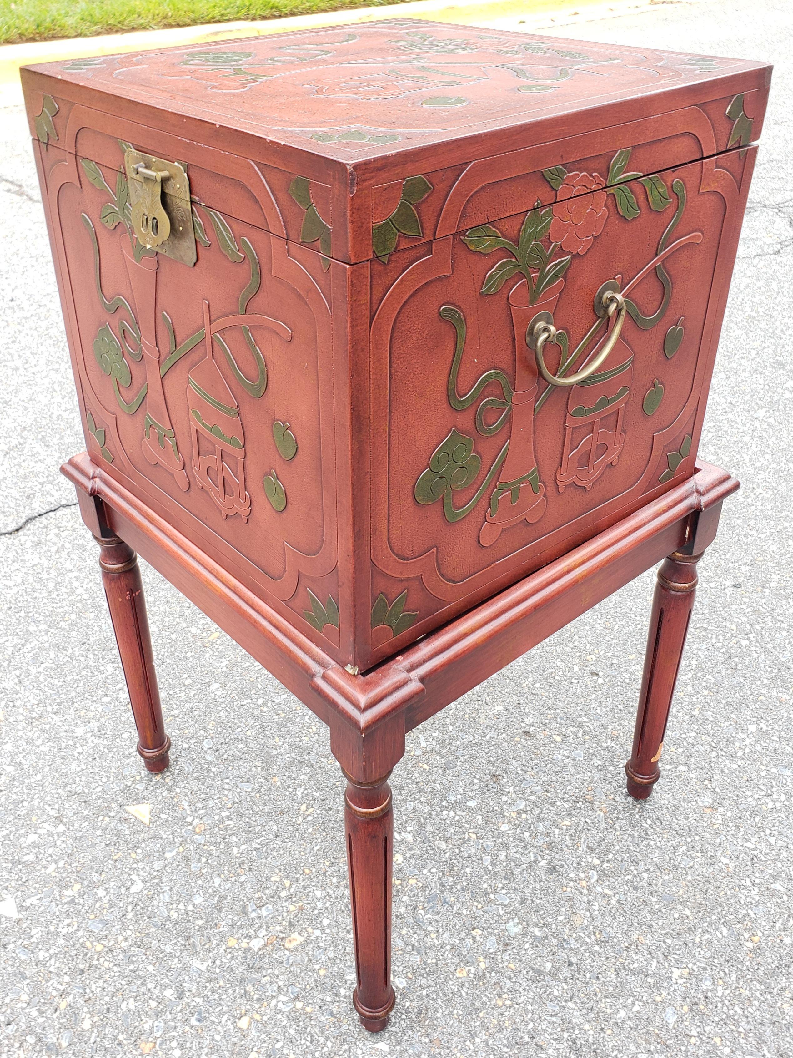 Contemporary Red Lacquered and Ornate Asian Storage and Filing Cabinet on Stand In Good Condition For Sale In Germantown, MD