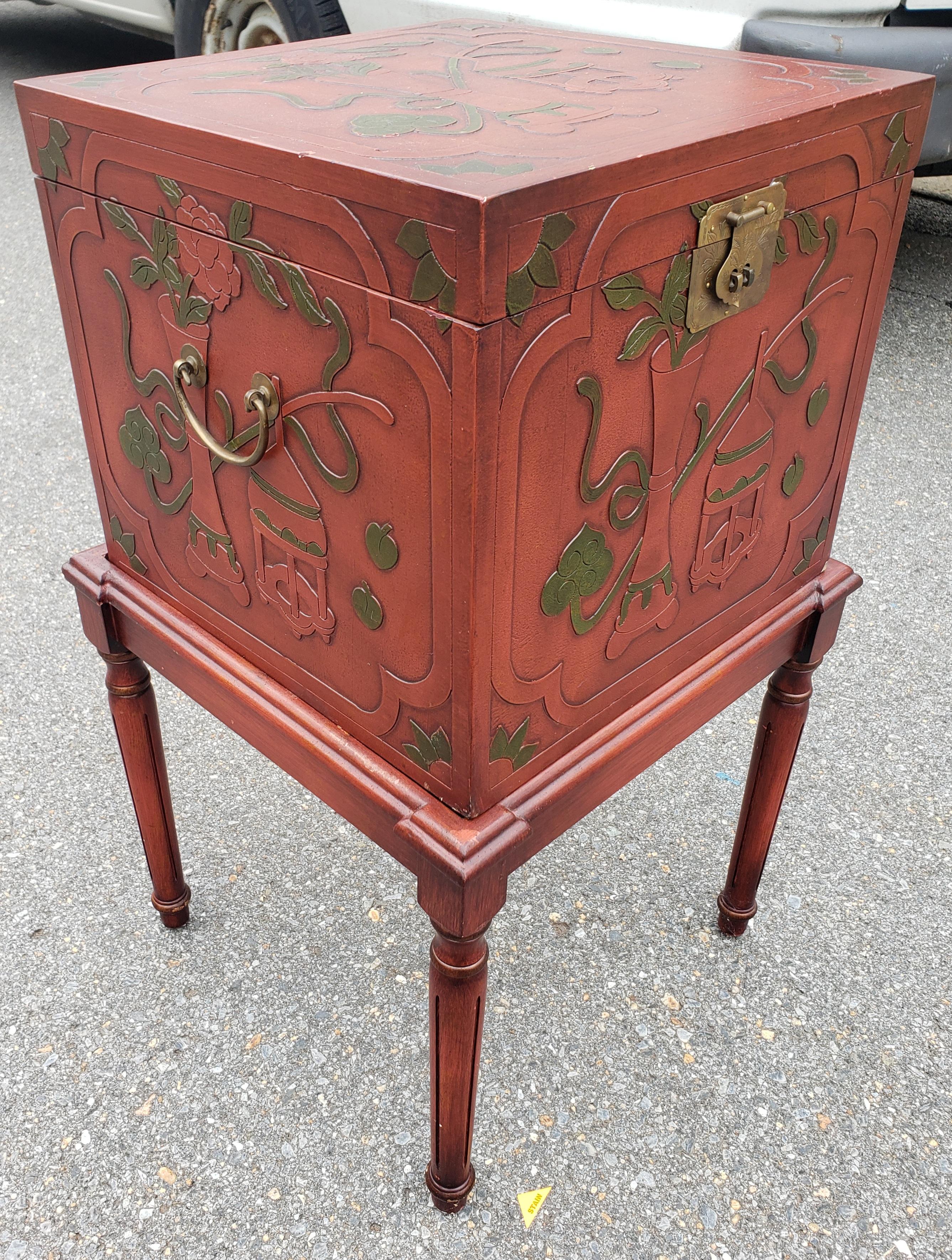 Felt Contemporary Red Lacquered and Ornate Asian Storage and Filing Cabinet on Stand For Sale