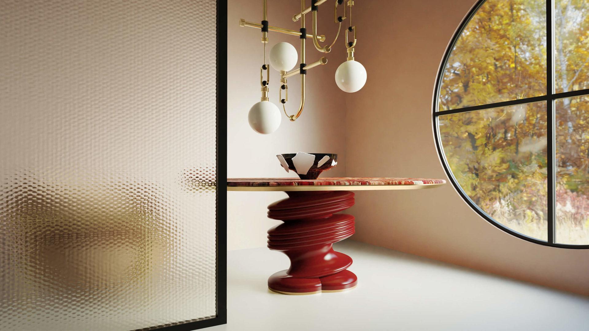Poli Table de salle à manger contemporaine ovale en marbre Levanto rouge avec base laquée en rouge en vente