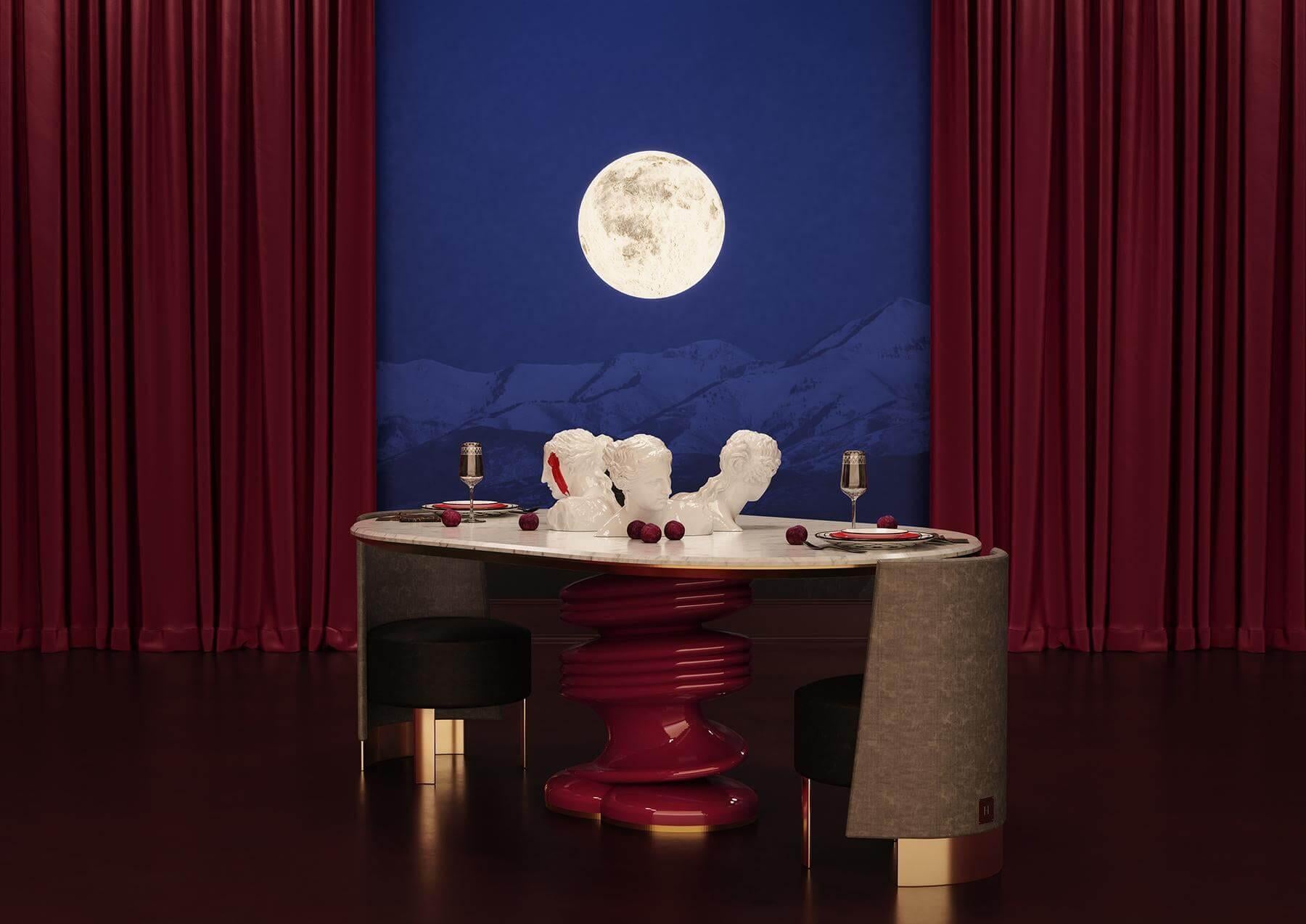 Table de salle à manger contemporaine ovale en marbre Levanto rouge avec base laquée en rouge Neuf - En vente à Porto, PT