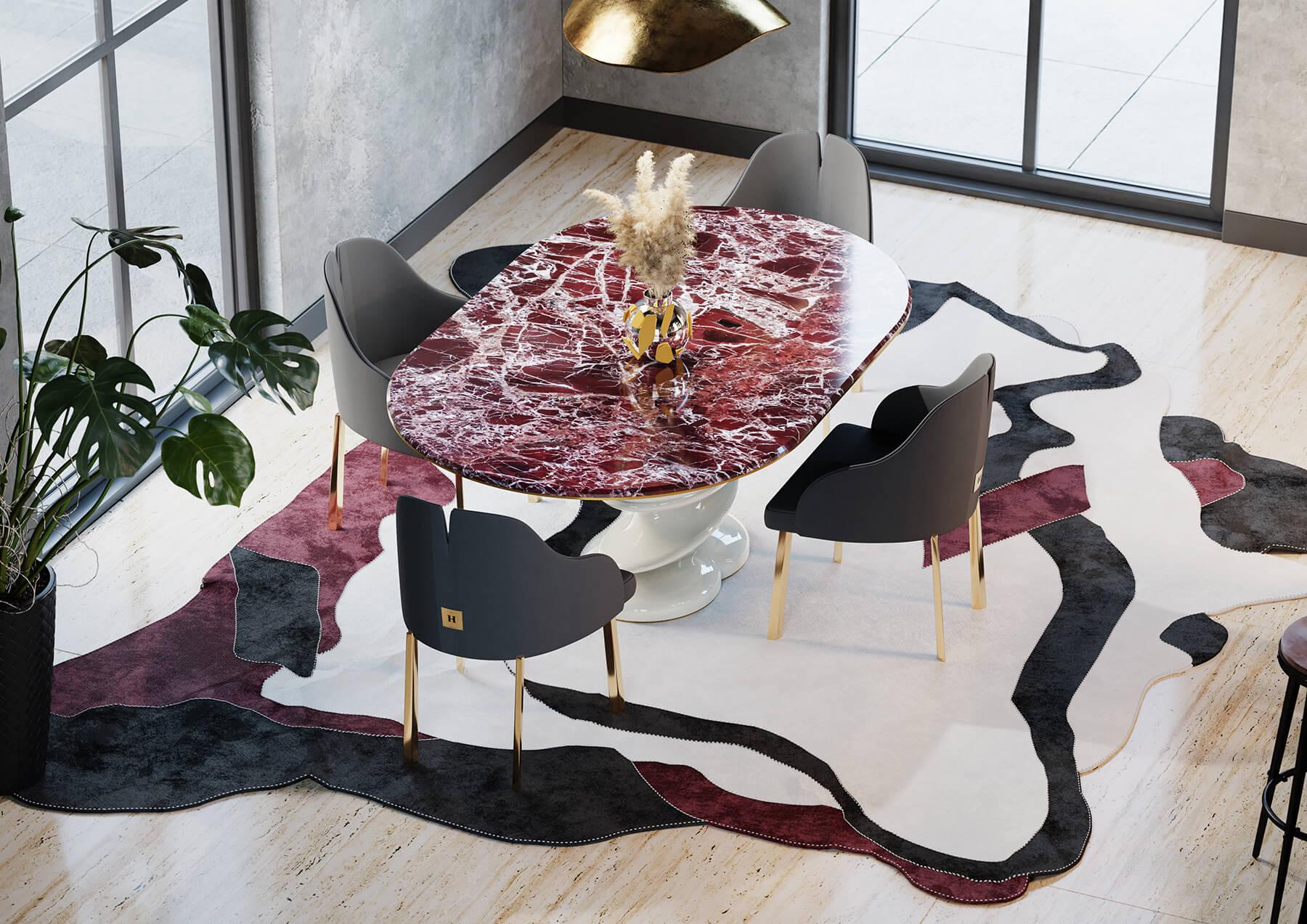 Laiton Table de salle à manger contemporaine ovale en marbre Levanto rouge avec base laquée en rouge en vente